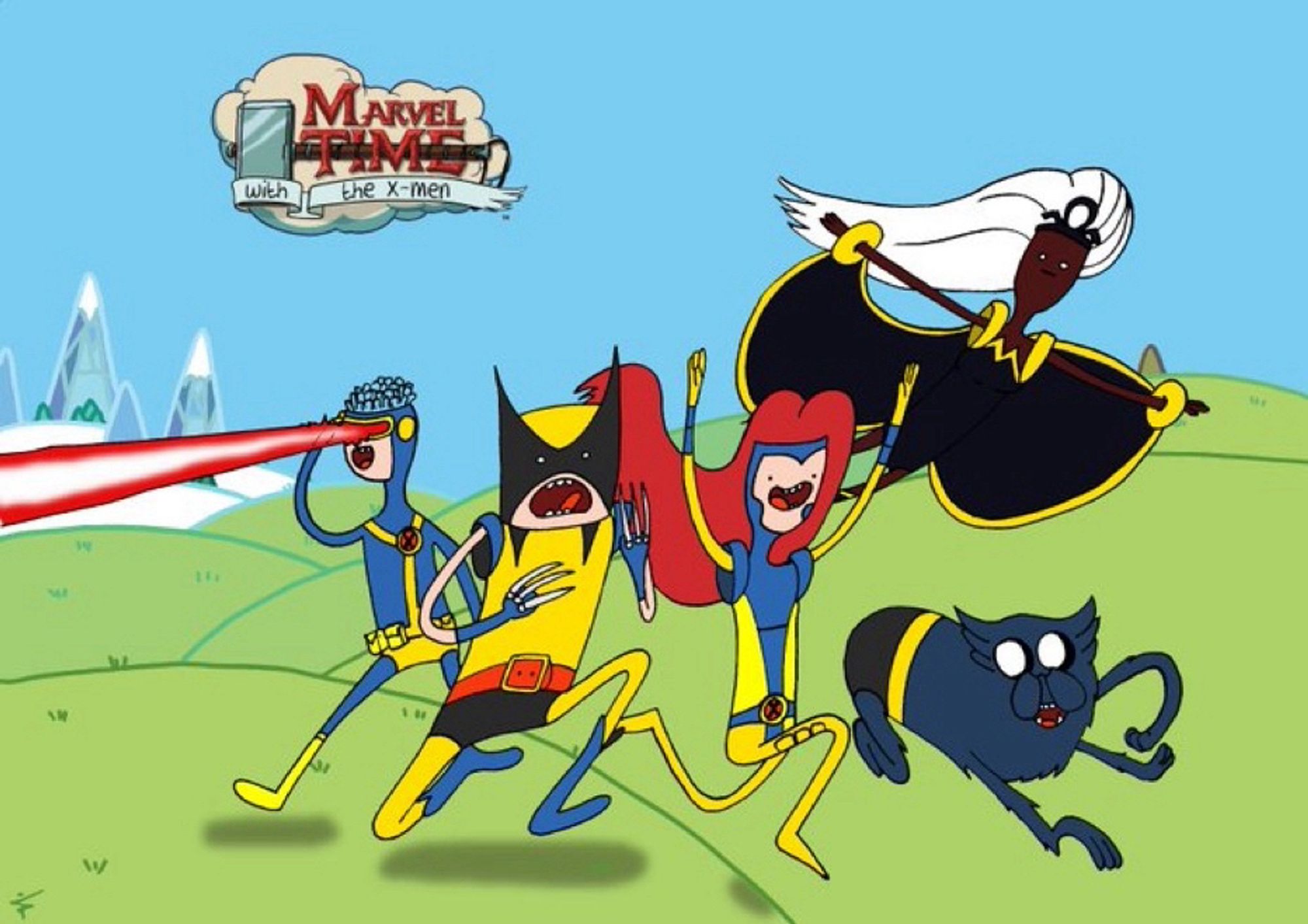 The X-men - Cyclops, Wolverine, Jean Grey, Storm and Beast - is Adventure Time style