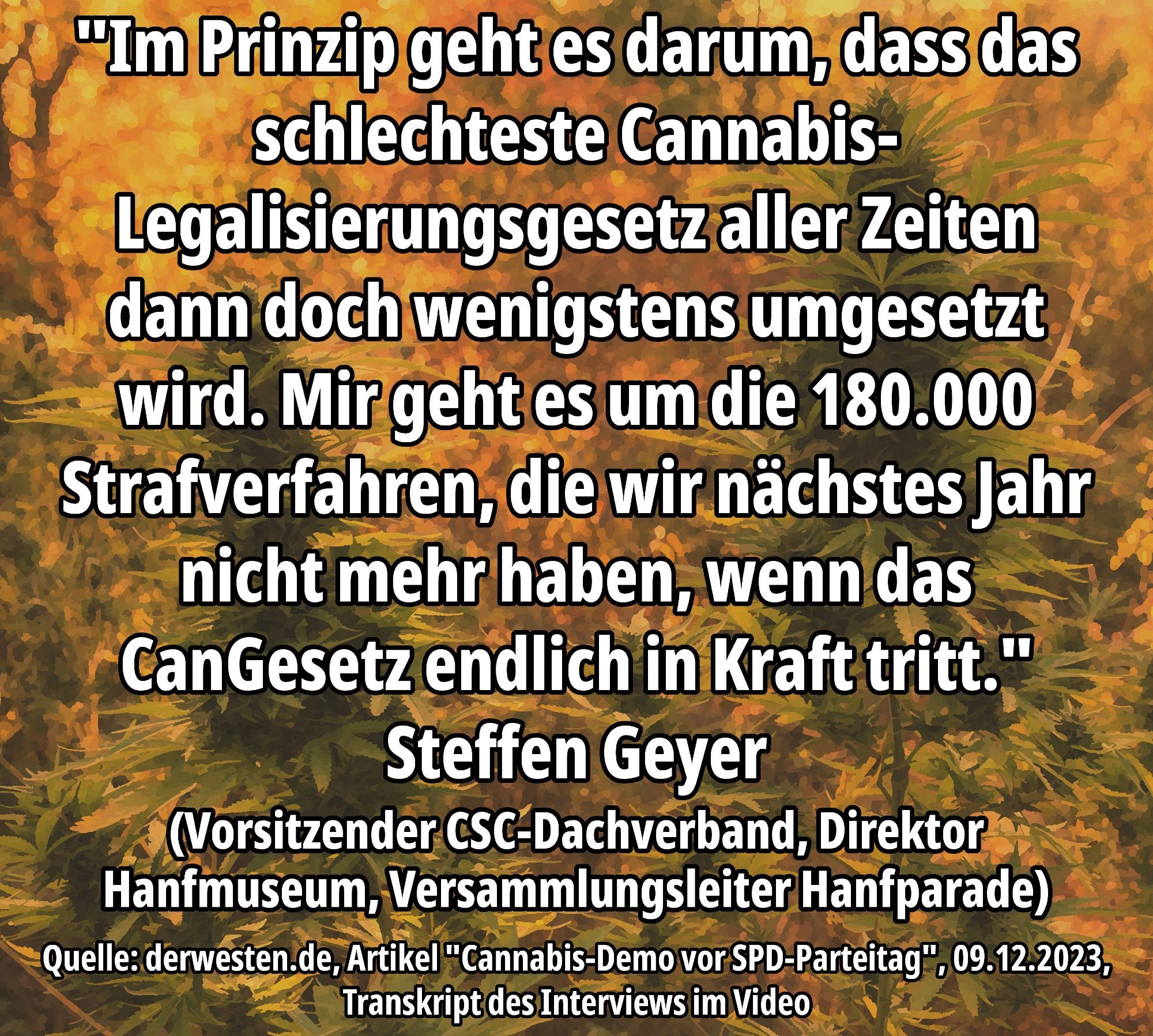 "Im Prinzip geht es darum, dass das schlechteste Cannabis-Legalisierungsgesetz aller Zeiten dann doch wenigstens umgesetzt wird. Mir geht es um die 180.000 Strafverfahren, die wir nächstes Jahr nicht mehr haben, wenn das CanGesetz endlich in Kraft tritt."
Steffen Geyer (Vorsitzender CSC-Dachverband, Direktor Hanfmuseum, Versammlungsleiter Hanfparade)