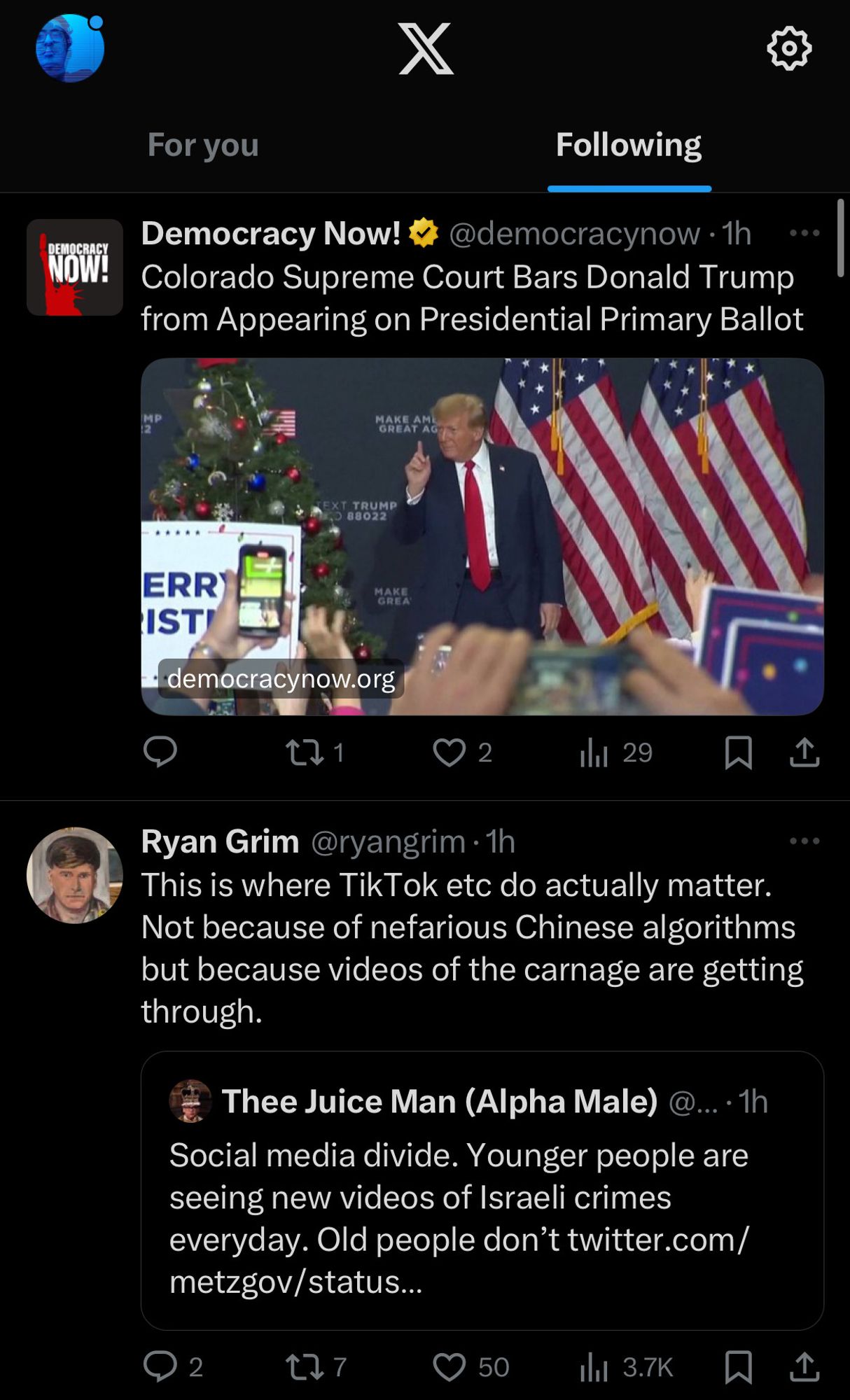 Screenshot from Twitter/X showing two tweets on the “Following” tab, the first from @democracynow and the second from @ryangrim