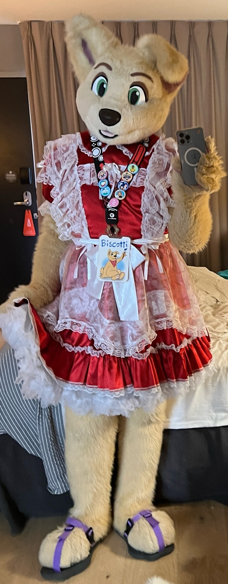 Biscotti, beige puppy fursuit by Lacy (head 2009) & Dream Machine (1 piece body 2015), wearing a pretty red maid dress