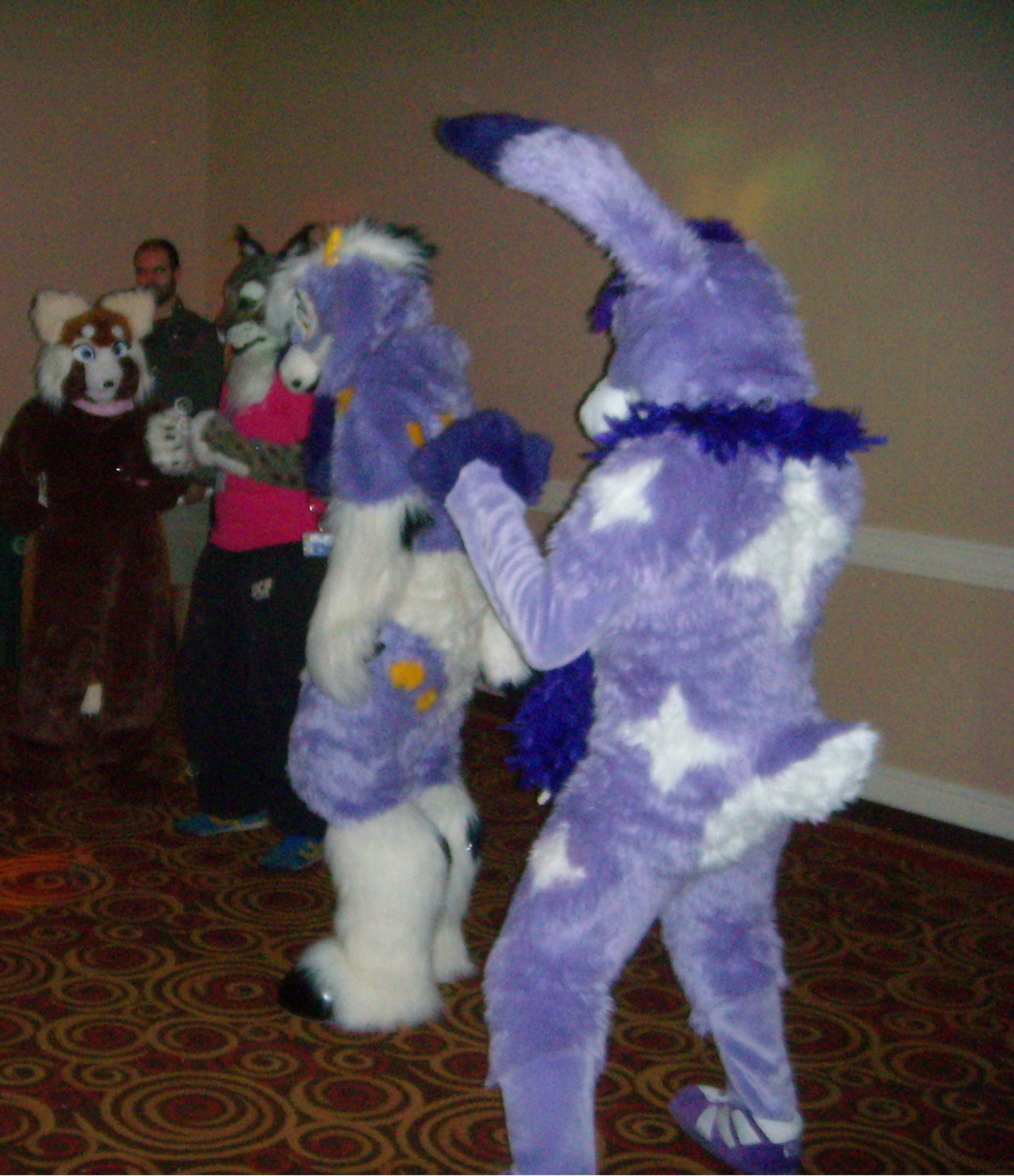 Purple goat Sophie and purple bunny Twilight dancing at Megaplex 2008, Jacksonville Florida