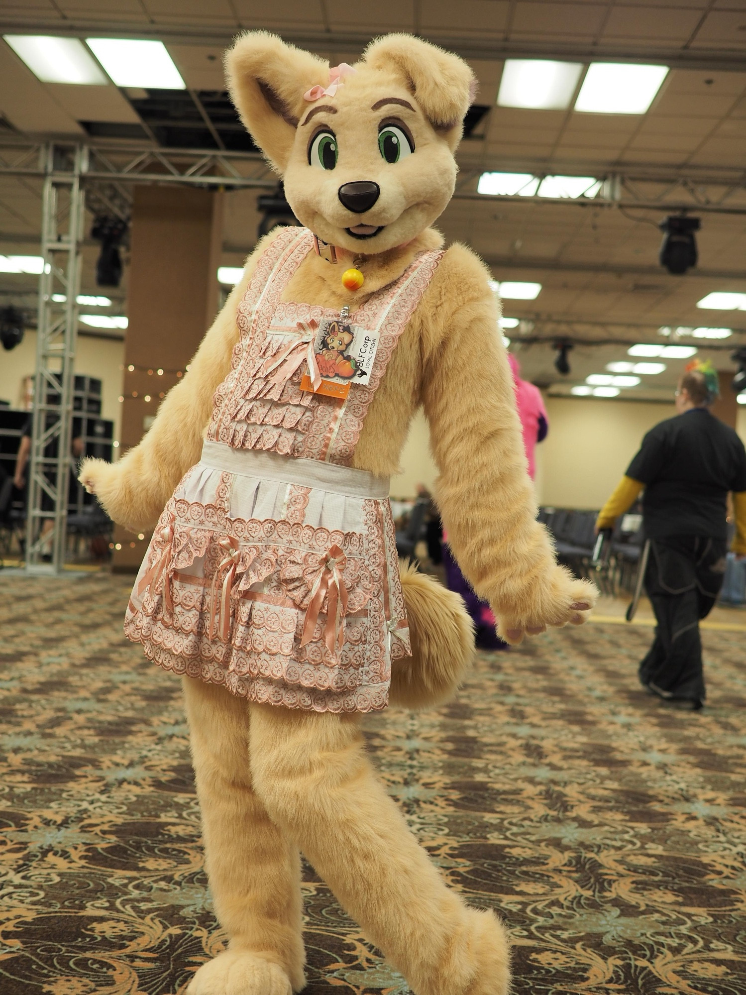 Biscotti beige puppy as previous identity named Peaches, in pink apron