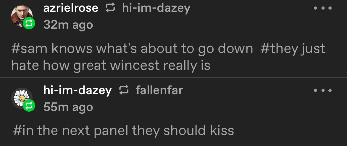 Tumblr screenshot of two user's tags on a post. First tag is from azrielrose, reading: "#sam knows what's about to go down #they just hate how great wincest really is" Second tag is from hi-im-dazey, reading "#in the next panel they should kiss".