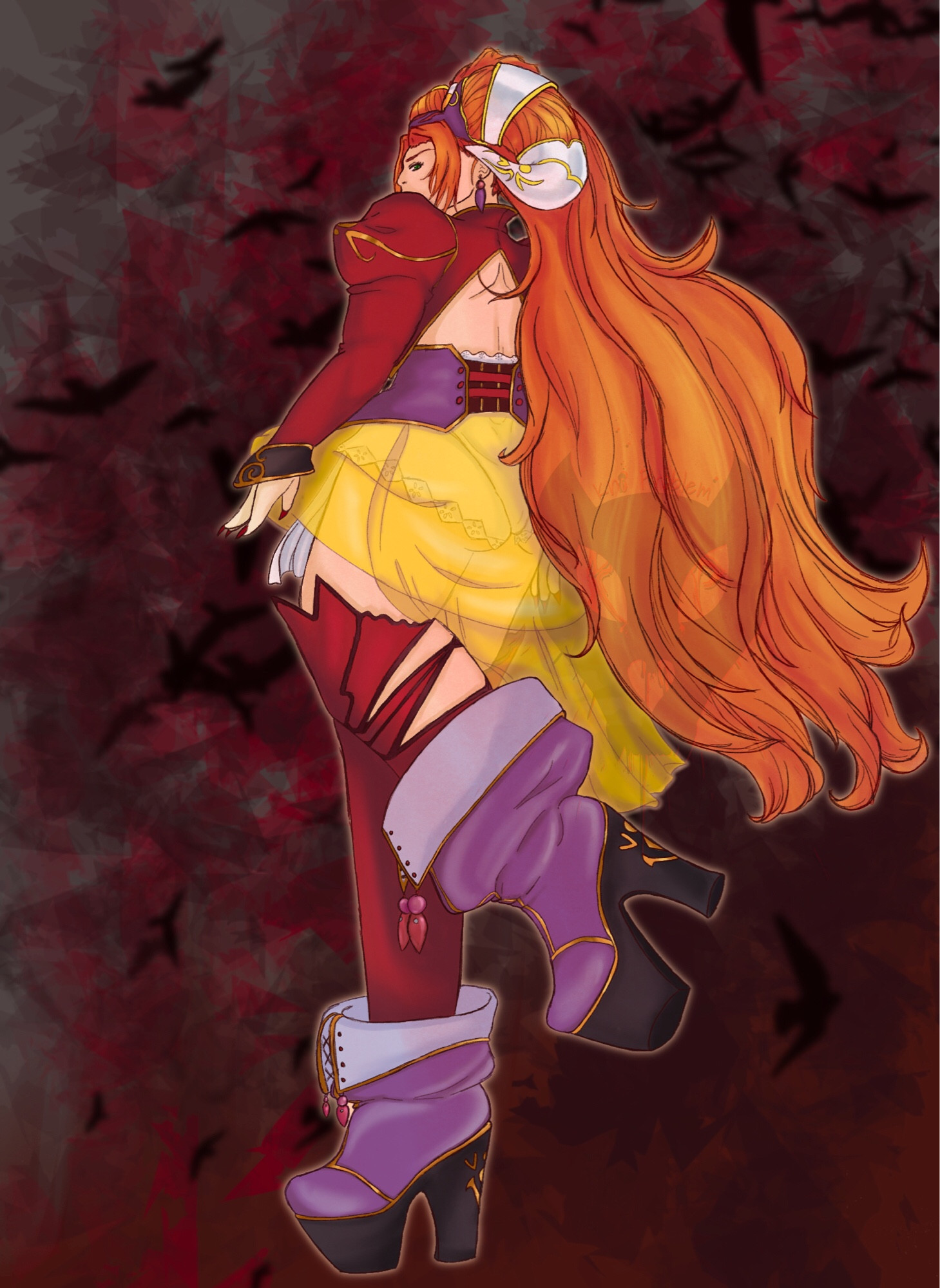 A foreshortened view of the character Millenia from Grandia 2 looking over her shoulder at the viewer. The artist is unsure how it took them so long to realize their sexuality considering how much they liked this character growing up.