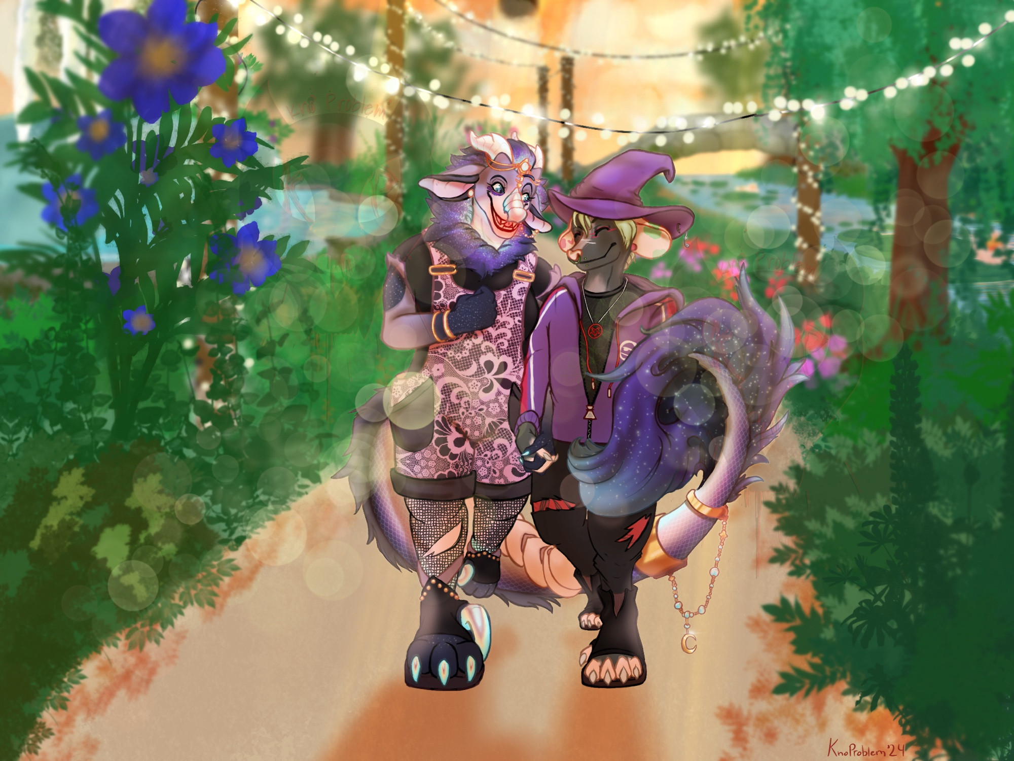 A fluffy anthro dragon named Grove walks hand-in-hand with an anthro opossum named Poss through a garden park during an eclipse