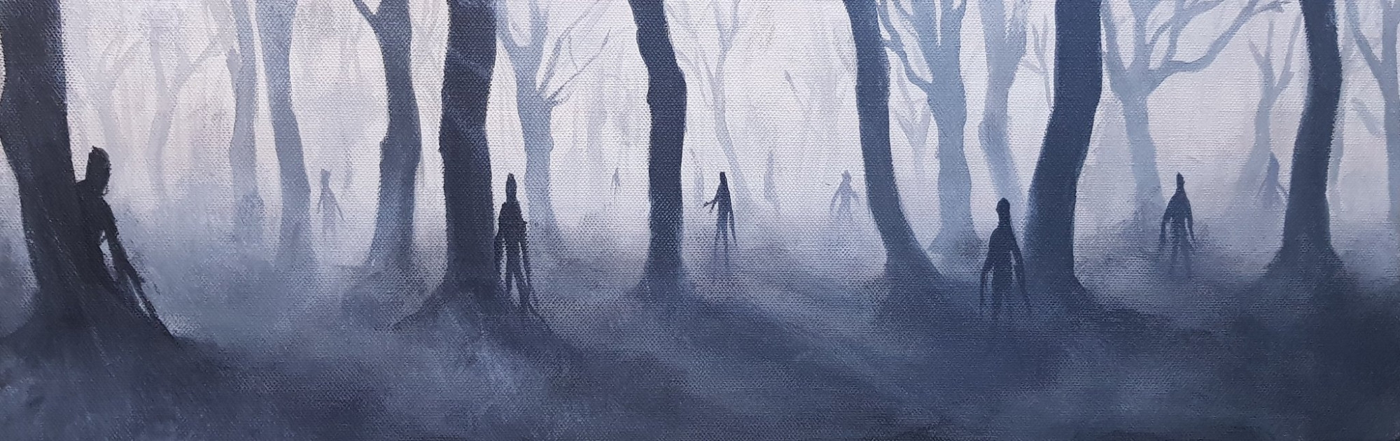 acrylic grey scale painting of a misty woodland with sporadically placed mishapen figures 