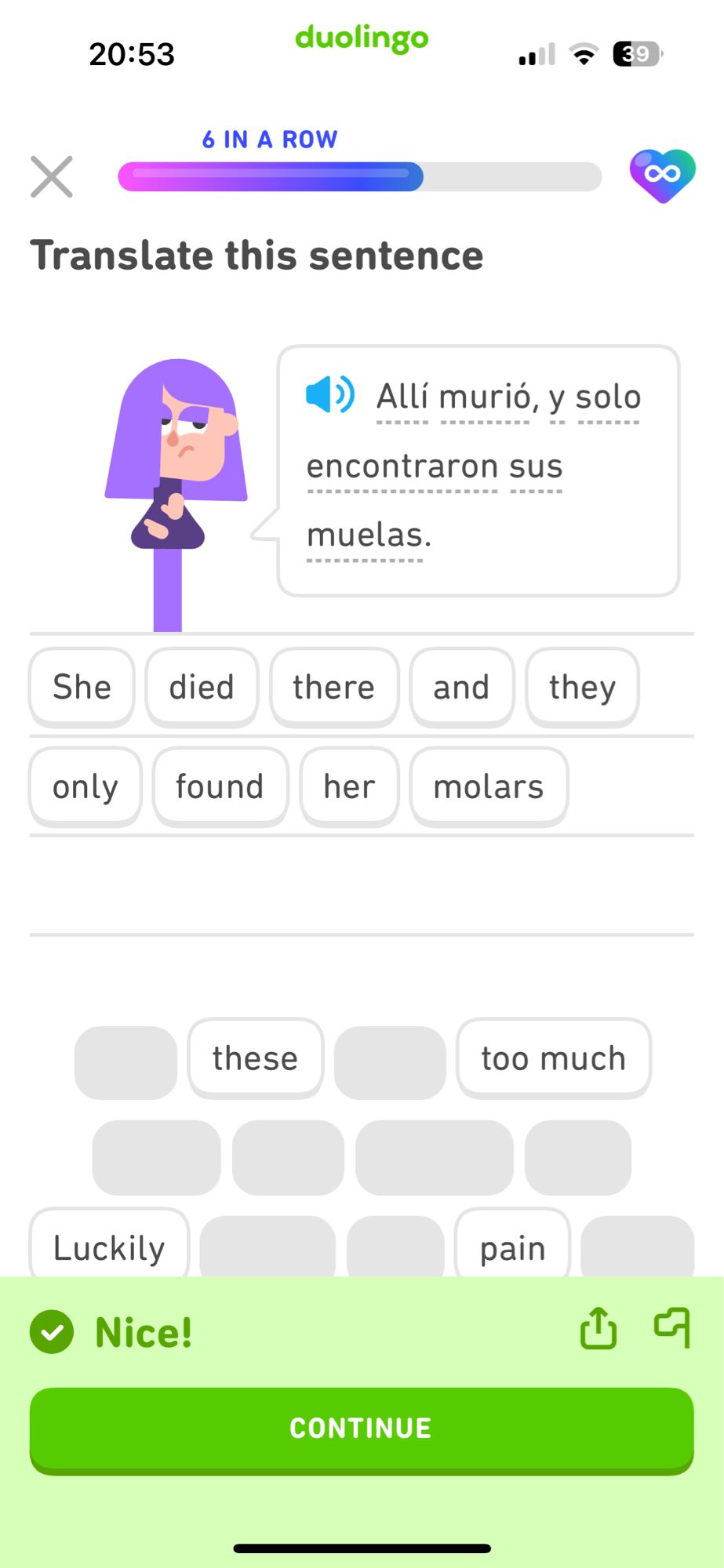 Screenshot from Duolingo. Lily is saying “she died there and they only found her teeth.”