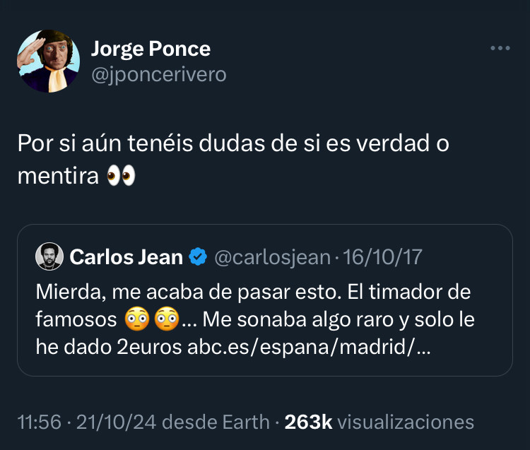 Twit de Jorge Ponce donde retuitea un tuit del 2017 de Carlos Jean. 