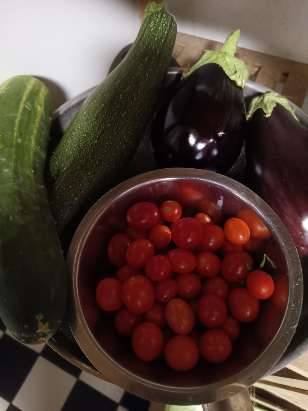 frisch geerntete Tomsten, Gurke, Aubergine und Zucchini