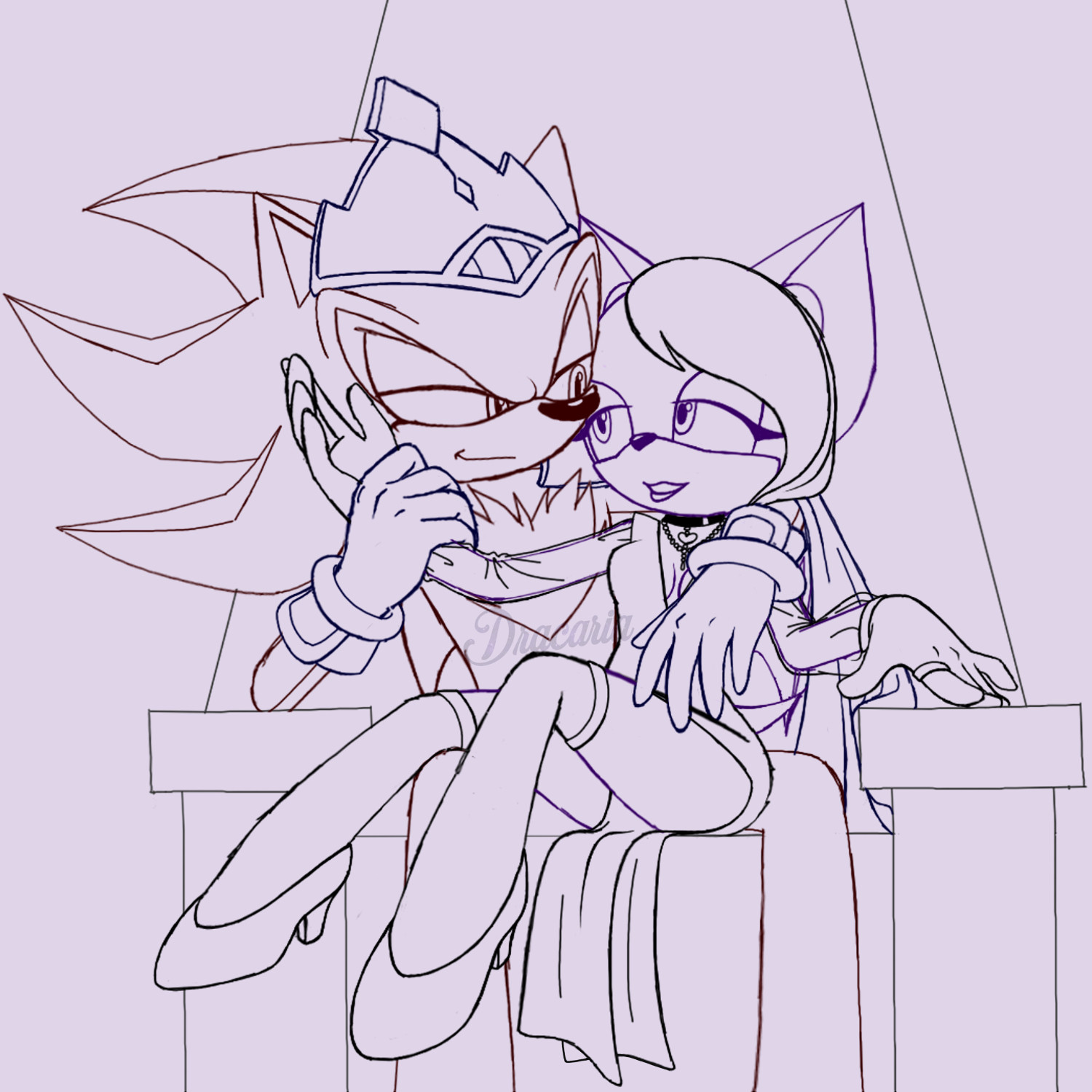 A sketch of King Shadow sitting in his throne with an unknown mistress on his lap, holding her possessively as she gazes dreamily at him.