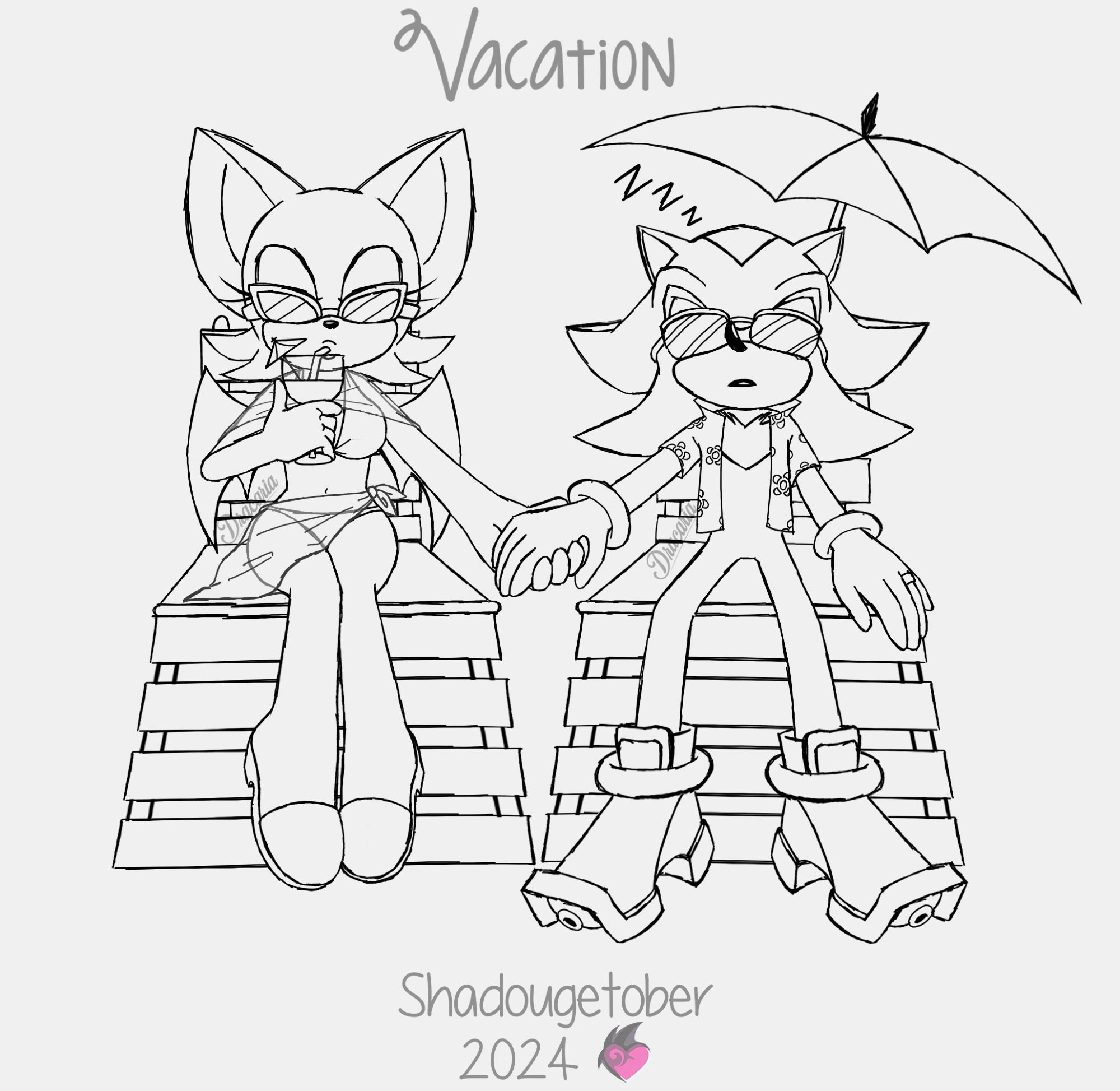 Shadow and Rouge sit on beach chairs beside each other, holding hands. Rouge sips on a tropical drink while her husband snoozes beneath a parasol.