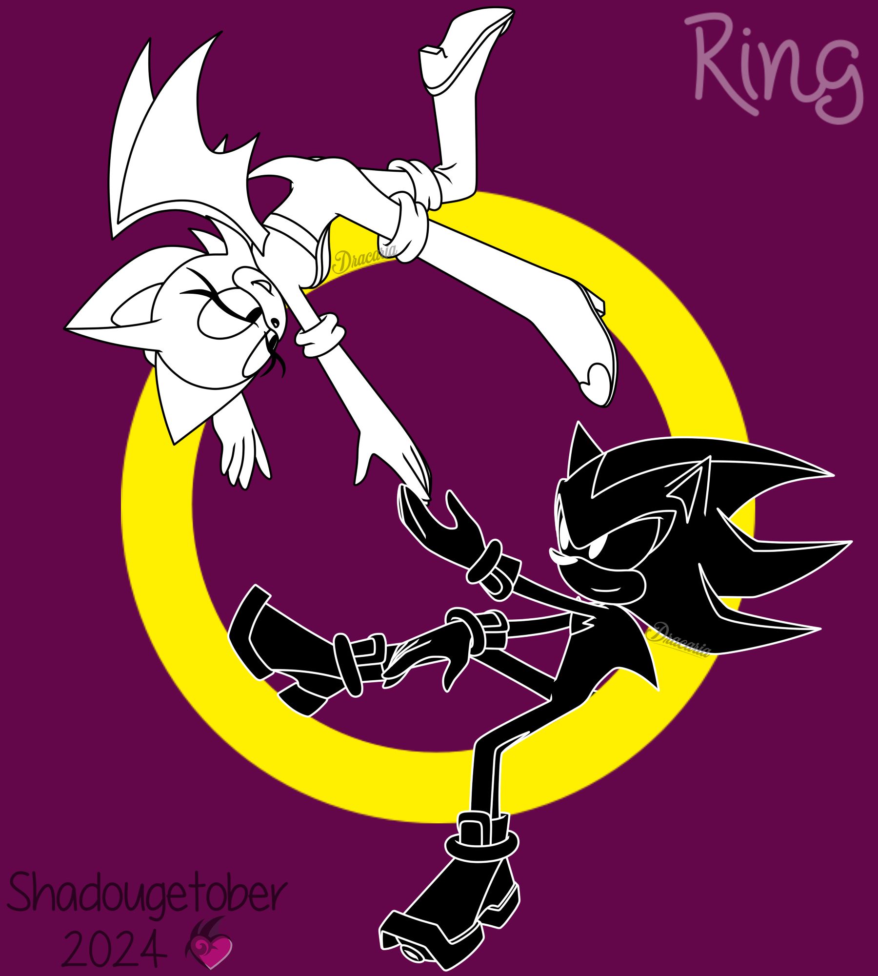 Shadow and Rouge resting on a golden ring, reaching to graze each other's fingers in a show of unity. Rouge is colored white with black outlines, while Shadow is colored black with white outlines.