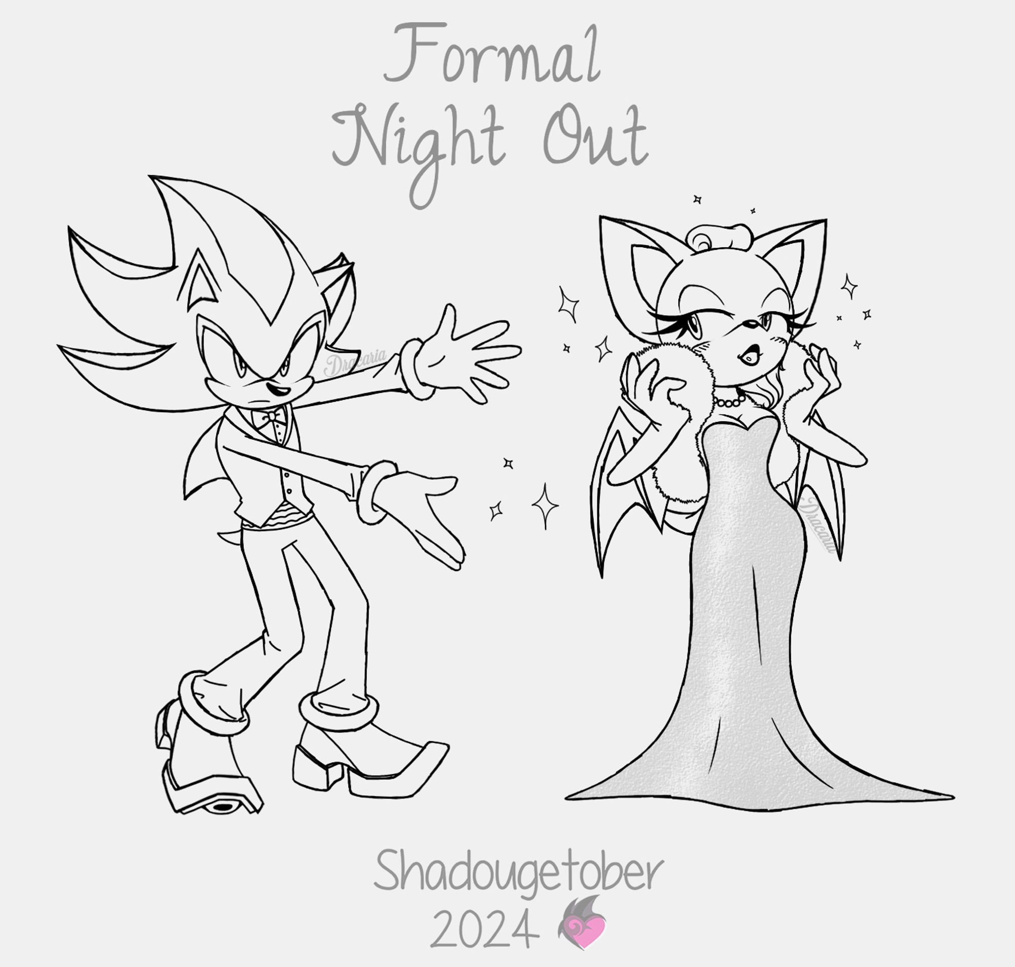 Shadow, dressed in a nice suit, gestures dramatically towards Rouge, who stands in luxury wearing a shimmery dress and fancy accessories.