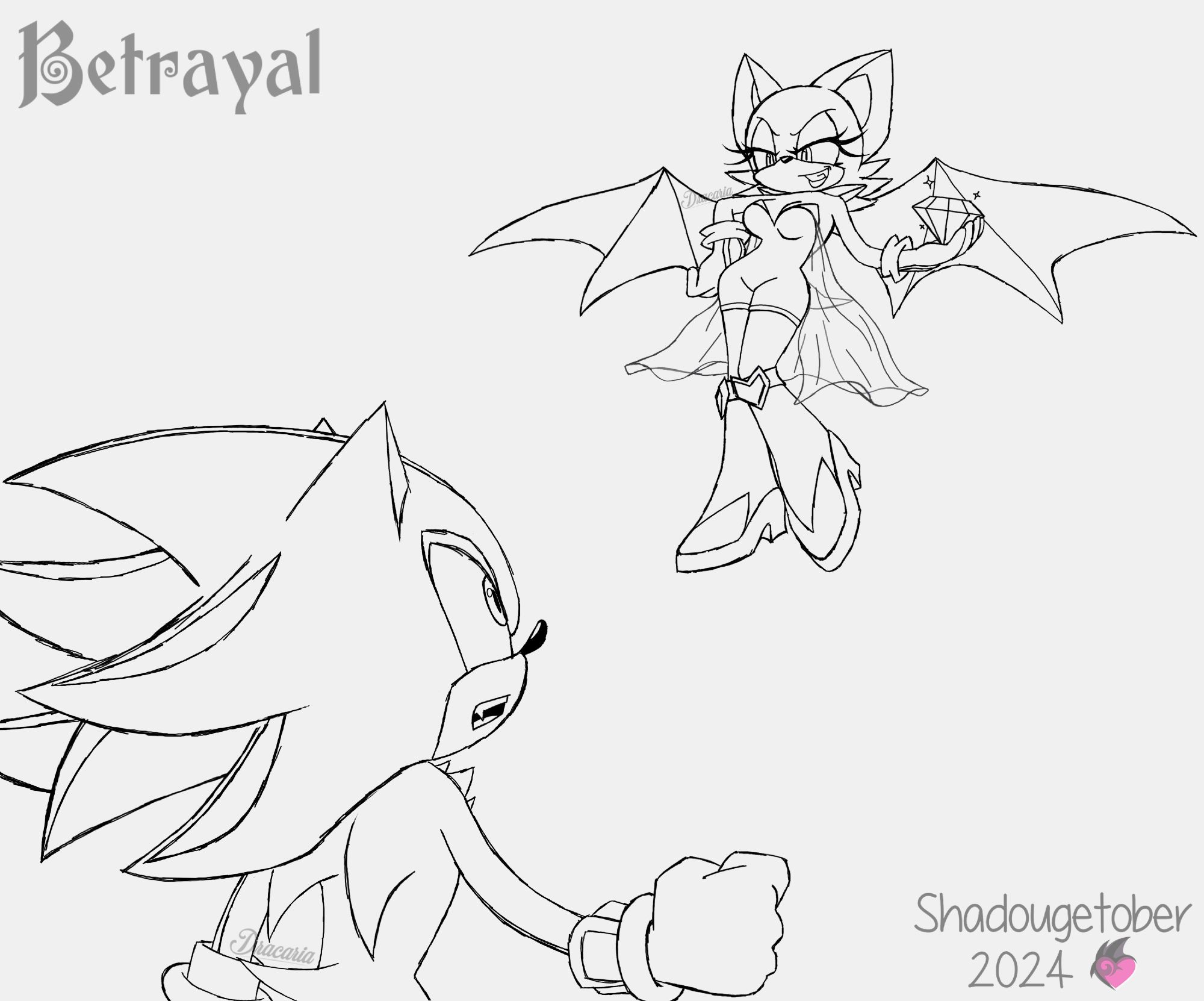 Shadow the Hedgehog looks up in shock at Rouge the Bat, who hovers in the air and grins devilishly down at him while holding his Chaos Emerald. Her outfit is different, having a more villainous appearance.