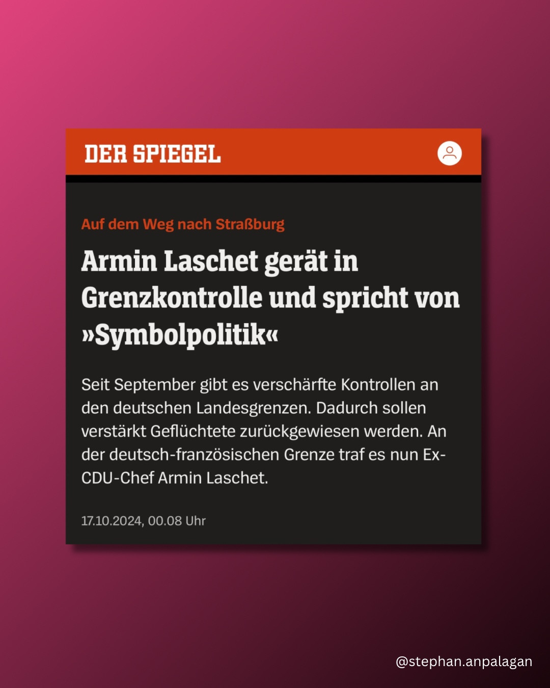 Armin Laschet gerät in Grenzkontrolle und spricht von »Symbolpolitik«. Seit September gibt es verschärfte Kontrollen an den deutschen Landesgrenzen. Dadurch sollen verstärkt Geflüchtete zurückgewiesen werden. An der deutsch-französischen Grenze traf es nun Ex-CDU-Chef Armin Laschet.