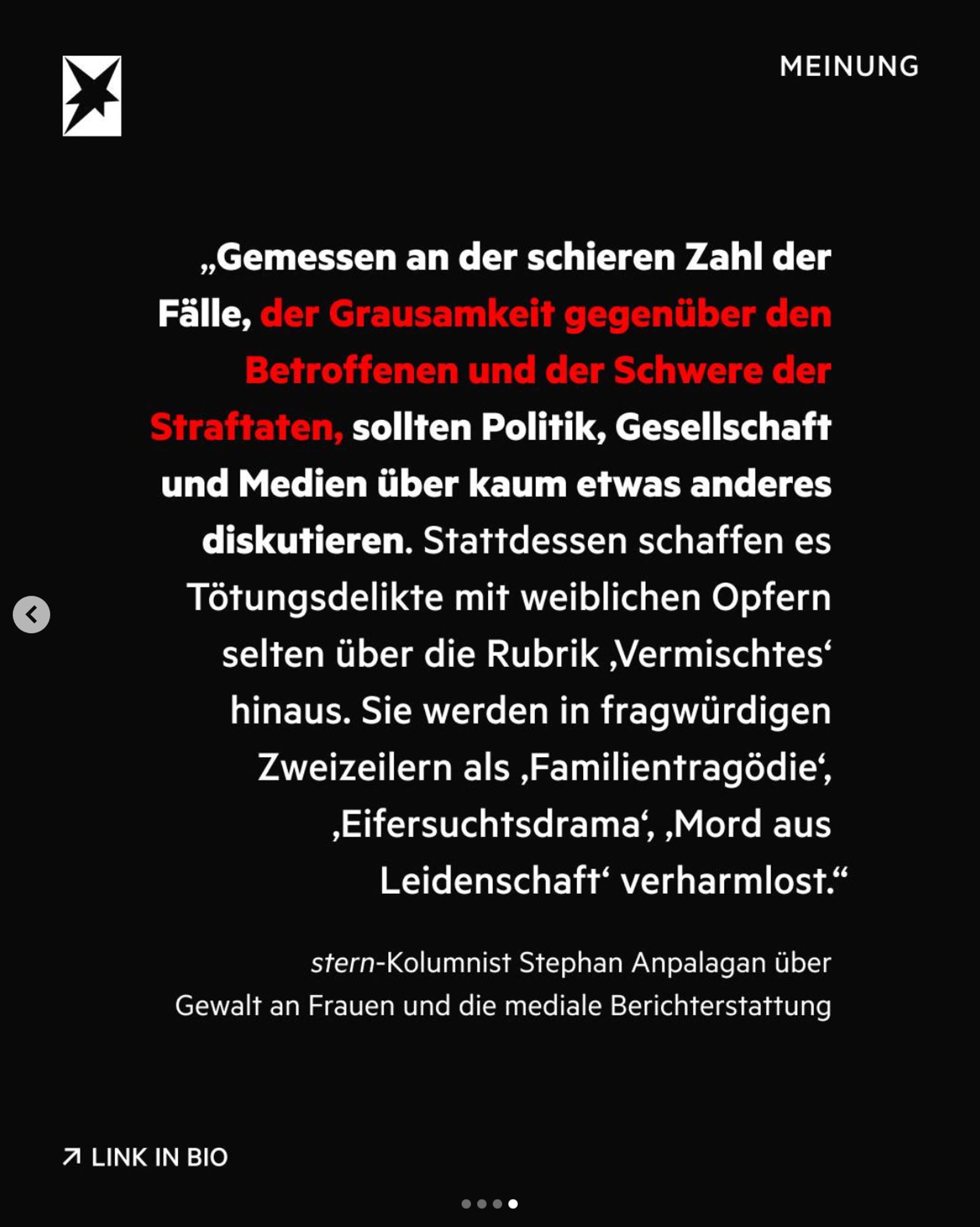 „Gemessen an der schieren Zahl der Fälle, der Grausamkeit gegenüber den Betroffenen und der Schwere der Straftaten, sollten Politik, Gesellschaft und Medien über kaum etwas anderes diskutieren. Stattdessen schaffen es Tötungsdelikte mit weiblichen Opfern selten über die Rubrik ,Vermischtes' hinaus. Sie werden in fragwürdigen Zweizeilern als ,Familientragödie', ,Eifersuchtsdrama', ,Mord aus Leidenschaft' verharmlost." - stern-Kolumnist Stephan Anpalagan über Gewalt an Frauen und die mediale Berichterstattung