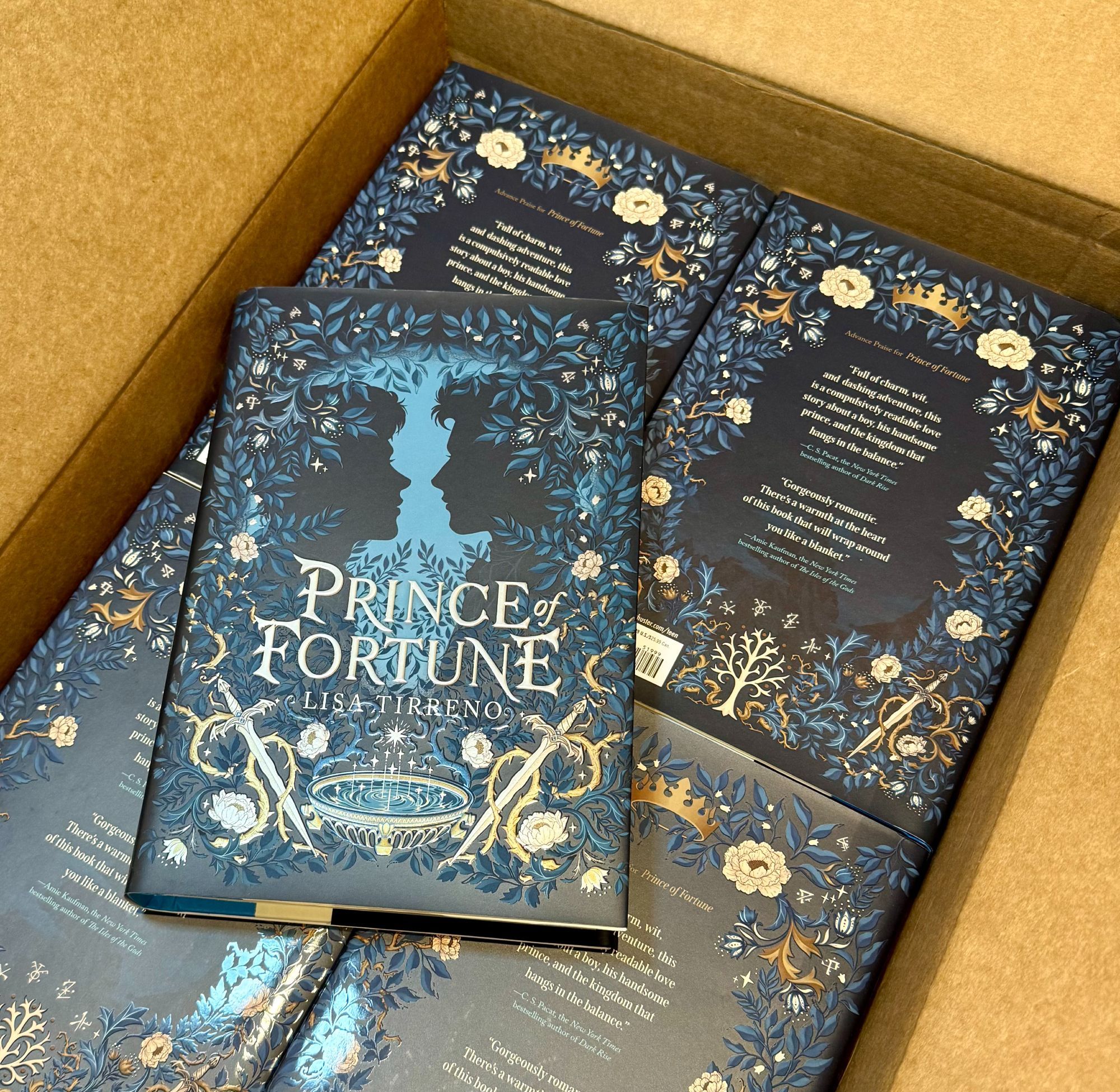 Image is a box full of hardcover copies of Prince of Fortune by Lisa Tirreno