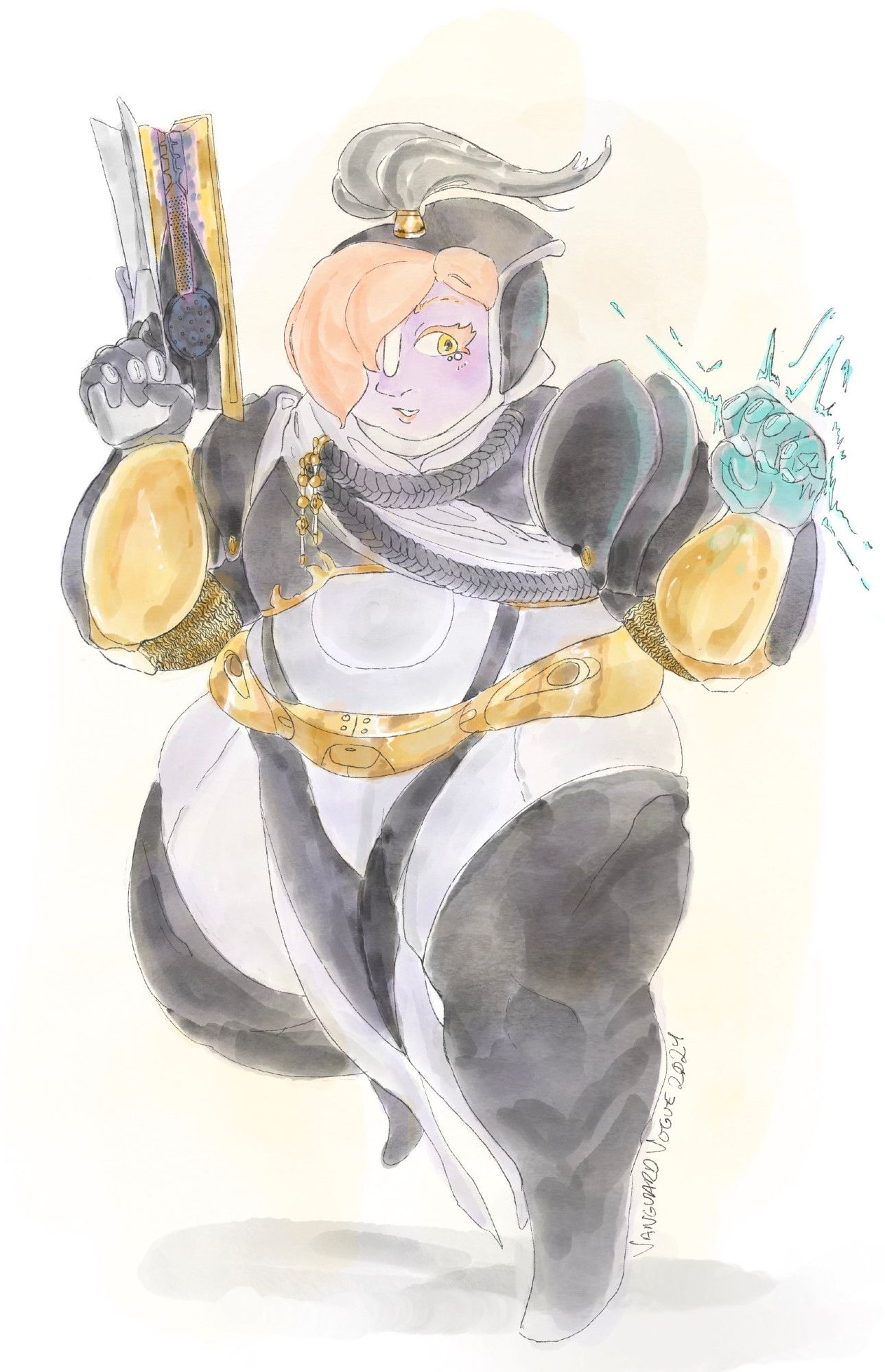 art of phoebe, my titan, wearing black, white and gold armor and holding a sunshot