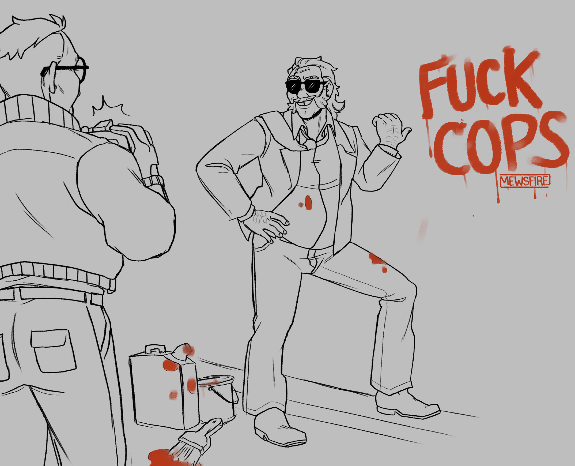 Sketch of Harry wearing shades and smiling with his tie thrown over his shoulder. He's covered in paint and pointing back to a wall with "FUCK COPS" written on it. Kim is taking a picture of him. 