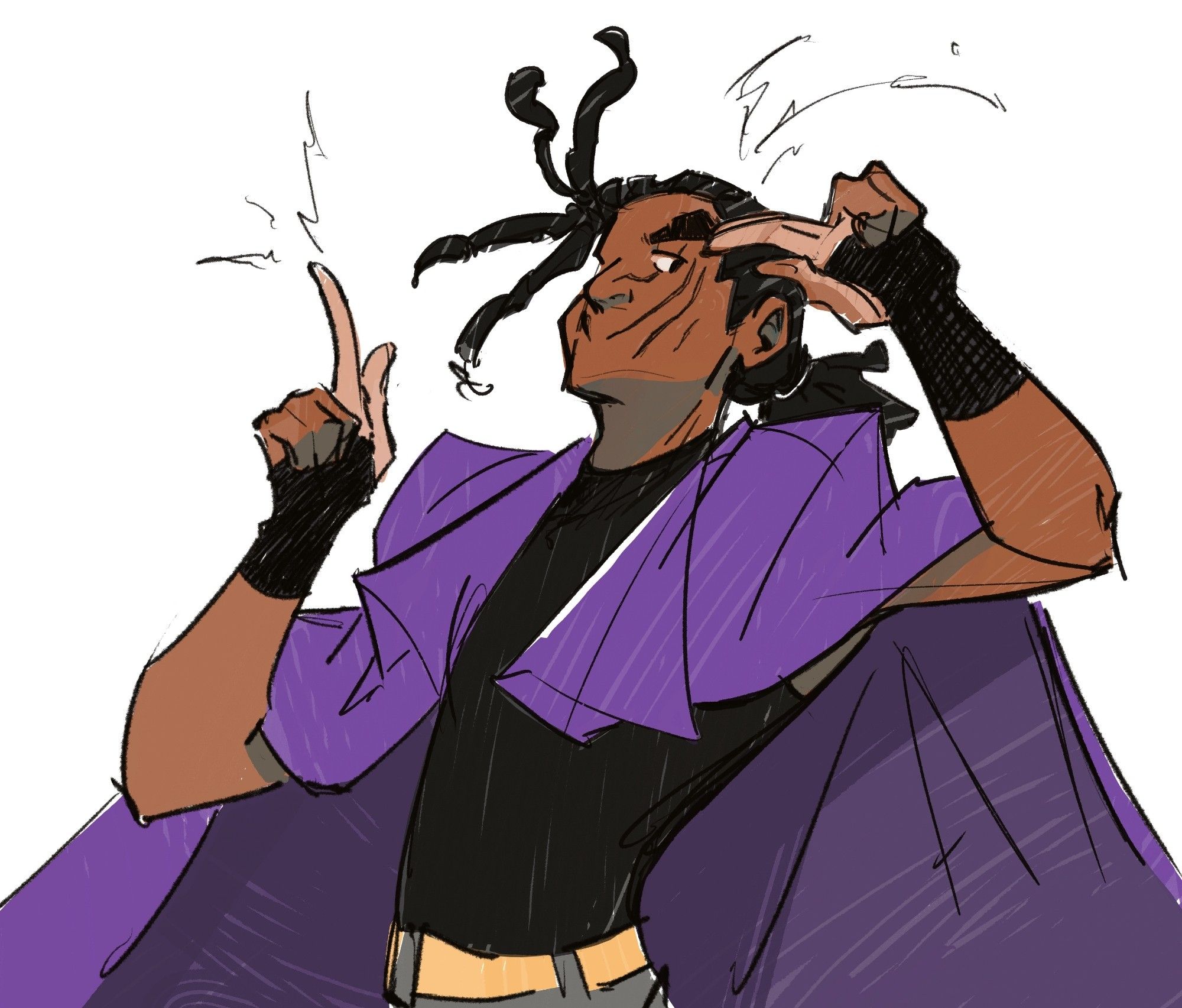 my friend's oc volt, showing off his powers with a two-finger salute and a puffy cheeked expression