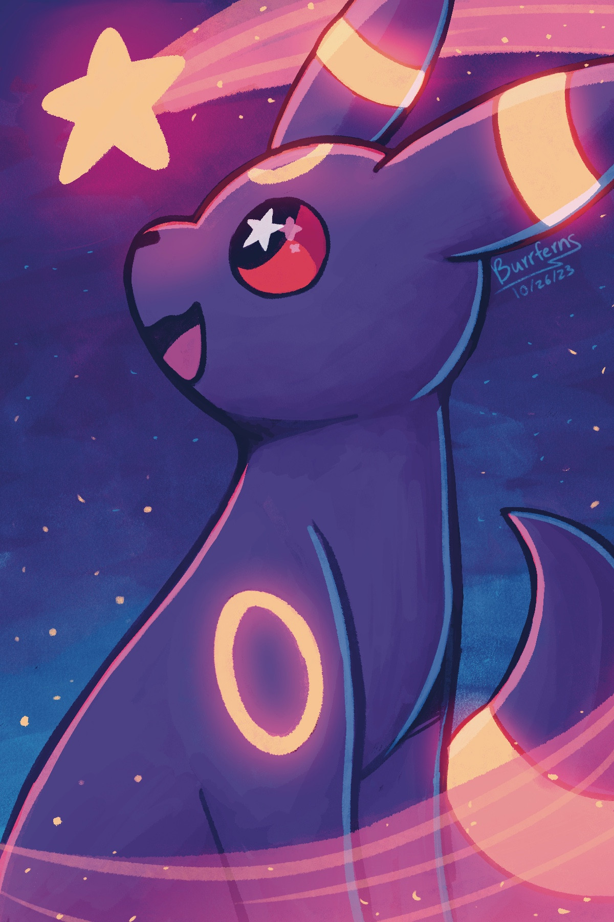 A colorful portrait of the pokemon Umbreon looking up at a shooting star whizzing by them with bright eyed excitement. They are accompanied with a colorful night sky background with warm blues, pinks, and purples