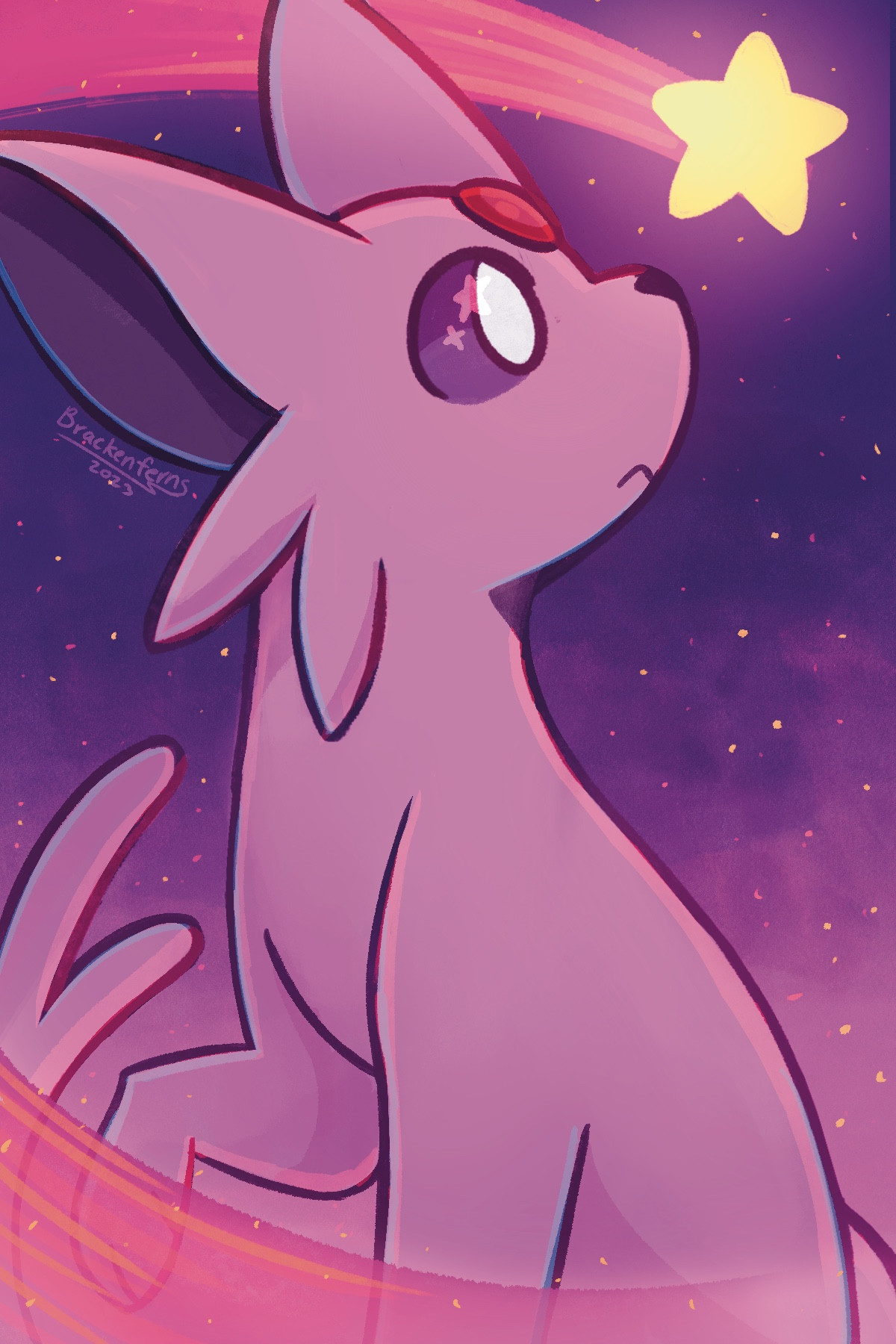 A digital drawing of an espeon looking up at a shooting star flying by their head with a curious, but calm expression against a colorful night sky made of pinks and purples