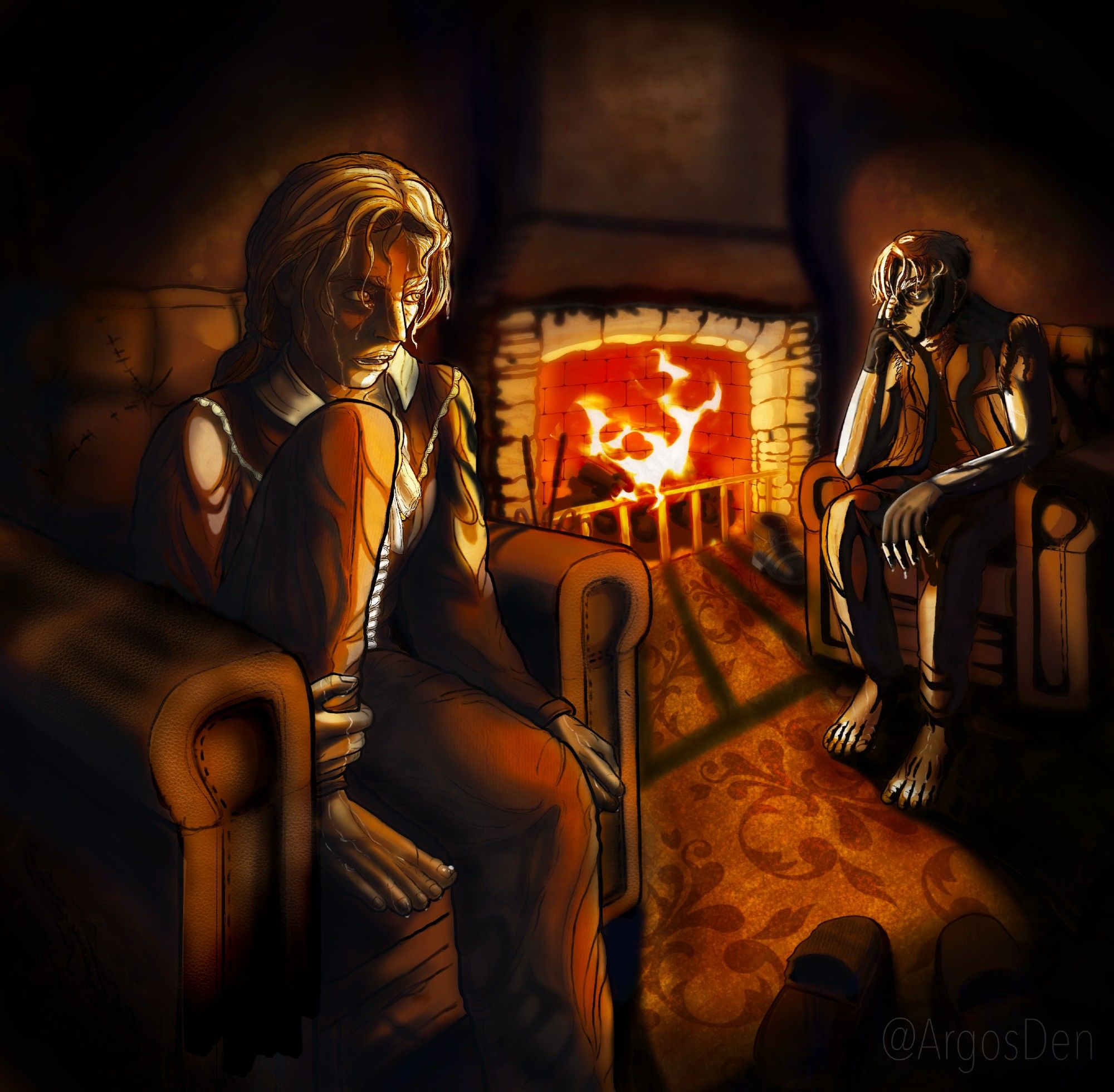 Two original character having a conversation in front of a fireplace. The fire covers everything in orange light and throws scary shadows.