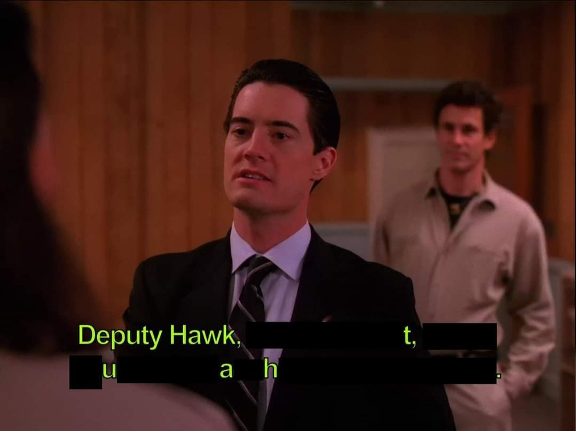 FBI agent Dale Cooper saying "Deputy Hawk Tuah" in Twin Peaks scene