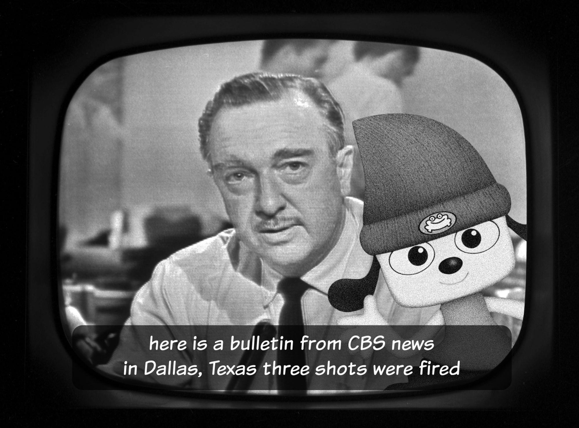 A black and white TV image of Walter Cronkite announcing the assassination of JFK. Parappa the Rapper is here too, also in black and white. A parappa style caption reads "here is a bulletin from CBS news, in Dallas, Texas three shots were fired"