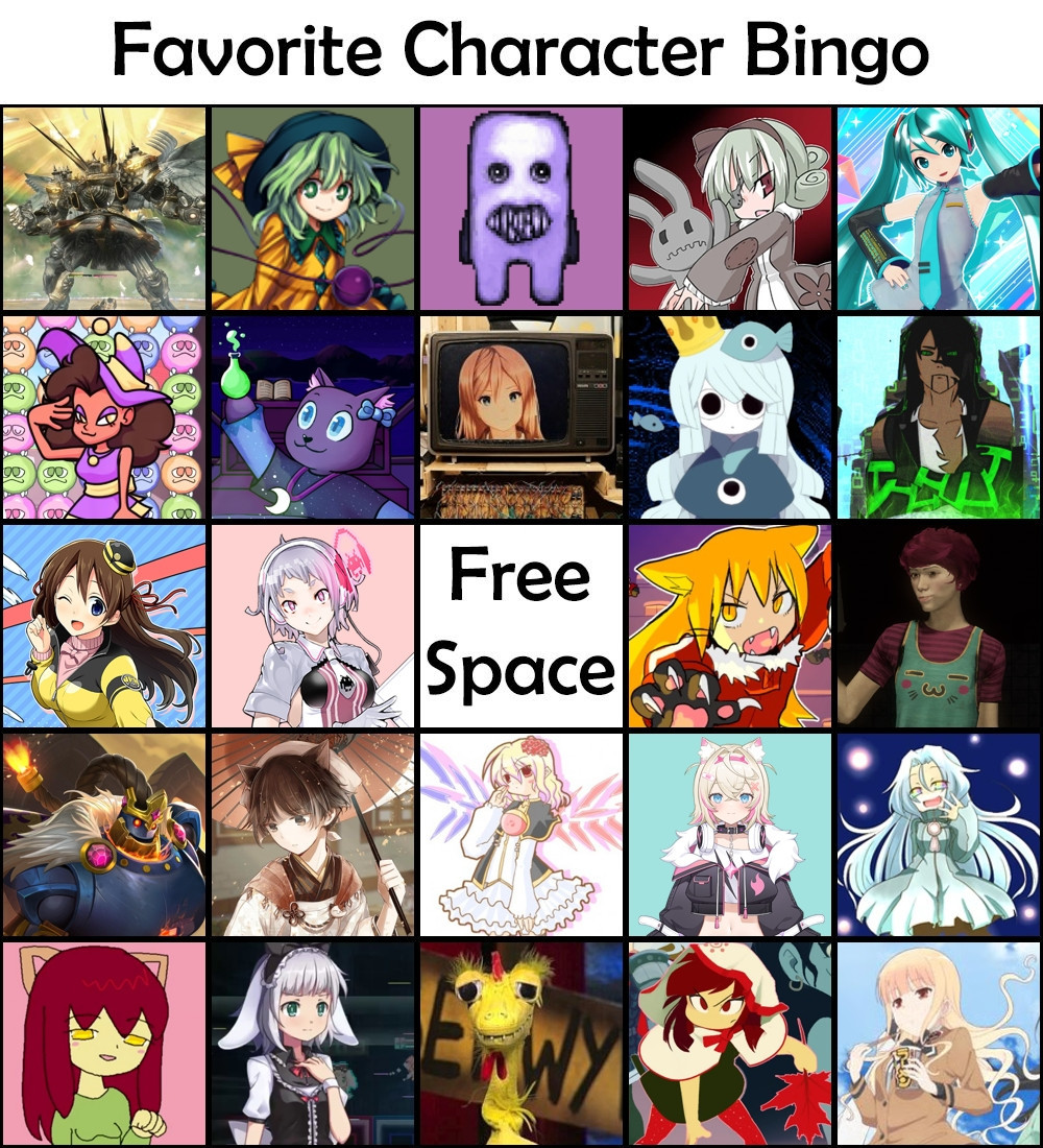 A bingo chart of my favorite characters as following: Perfect Alexander (Final Fantasy XIV Online), Koishi (Touhou), Fuwatti (Ao Oni), Krilalaris (QP Shooting Dangerous), Hatsune Miku (Vocaloid), Rensa (Scratchin' Melodii), Kalleira (Tower Unite), Lucy (Lars Lucy 8 Legions), Uomi (Wadanohara and The Great Blue Sea), Alex Evergreen (Huggi Dungeon Series), Makoto (Go Go Nippon), Linka (Groove Coaster), Eugene (Neko Navy), Nina (Deceit), Bomb King (Paladins), Bonito Rice (Food Fantasy), Hime (Suguri), Mococo (Hololive), Starbreaker (Sora), Koneko (Nyan Neko Sugar Girls), Irisu (Rabi Ribi), Kerwyn (Svengoolie), Kaho (Momodora), Koizumi (Ms Koizumi Loves Ramen Noodles)