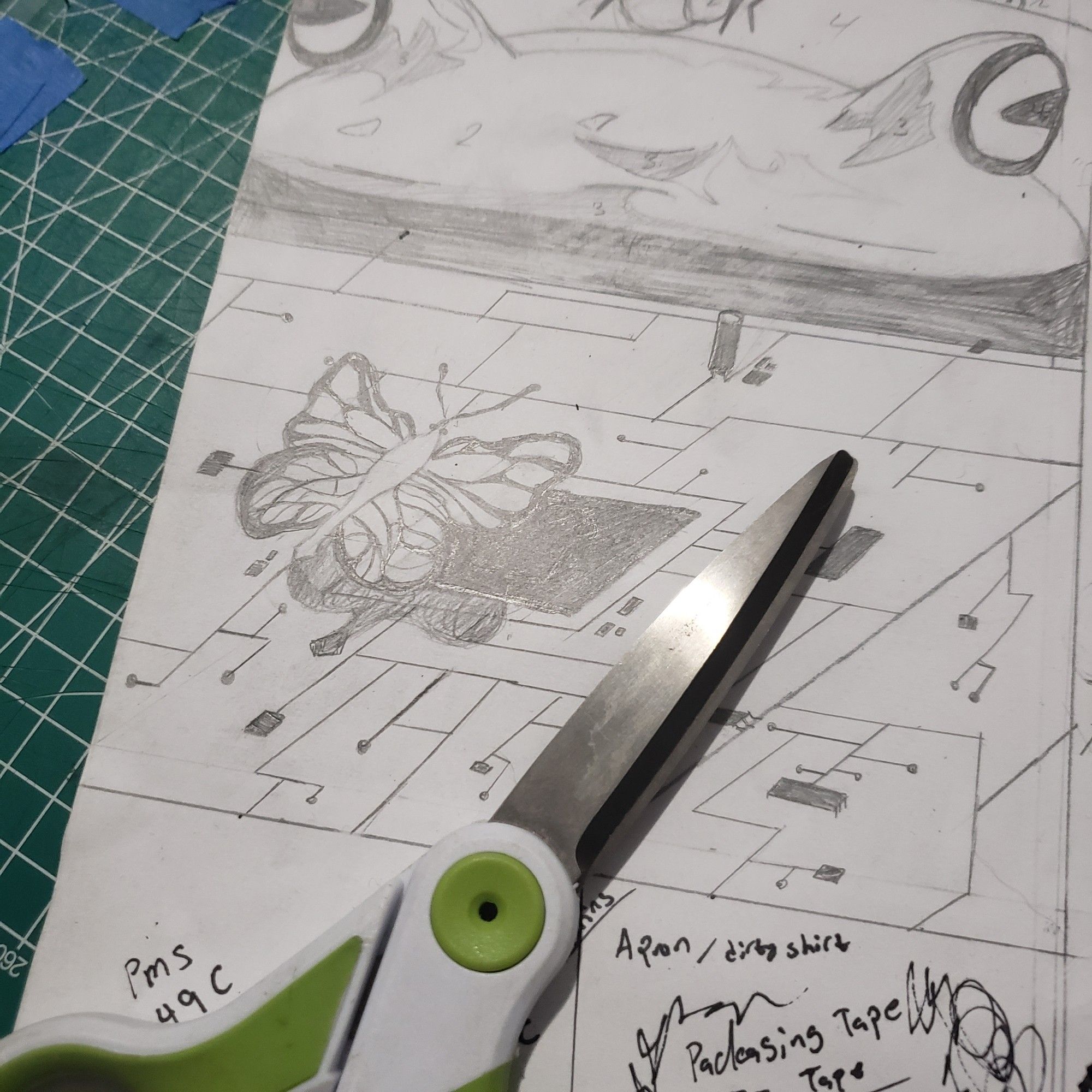 A pair of white scissors with green accents laying flat across a pencil sketch of a monarch butterfly casting a shadow on a plane of lines and squares that look like a motherboard.