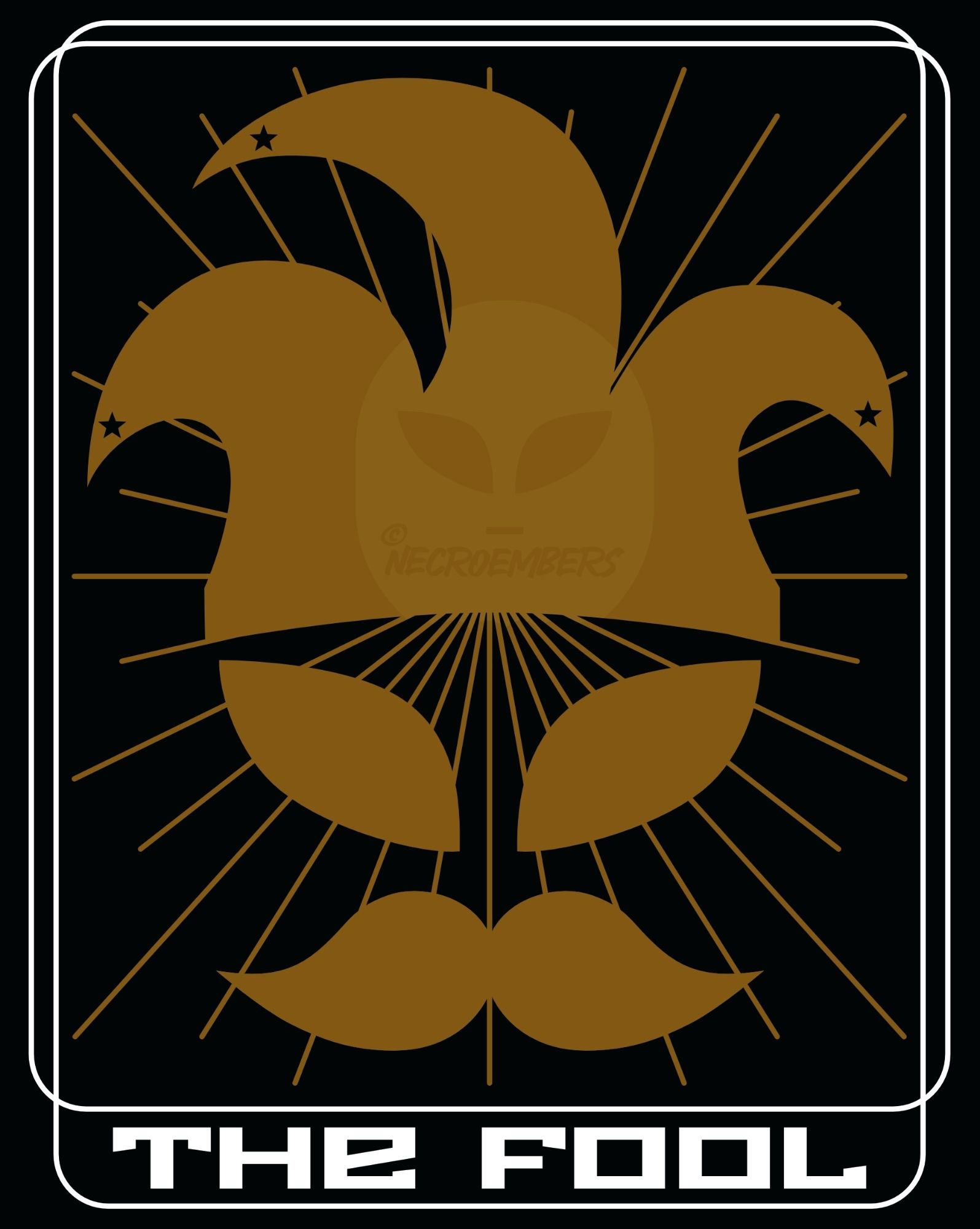 an illustration of the fool tarot card. it shows a jester hat, alien eyes, and a moustache on top of a sunburst, which are all in a golden hue. there are two rounded borders and a title on the bottom saying "the fool" which are in white. all on a black background.