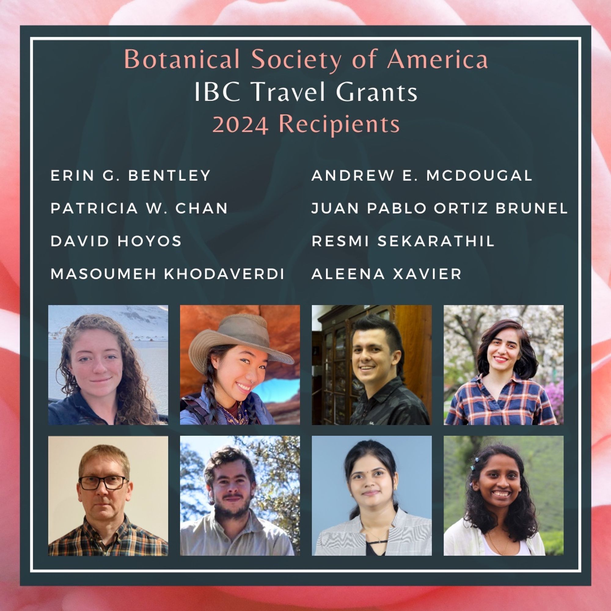 This image shows the 8 winners of the 2024 BSA IBC Travel Grants. Erin G. Bentley, Patricia W. Chan, David Hoyos, Masoumeh Khodaverdi, Andrew E. McDougal, Juan Pablo Ortiz Brunel, Resmi Sekarathil, Aleena Xavier.