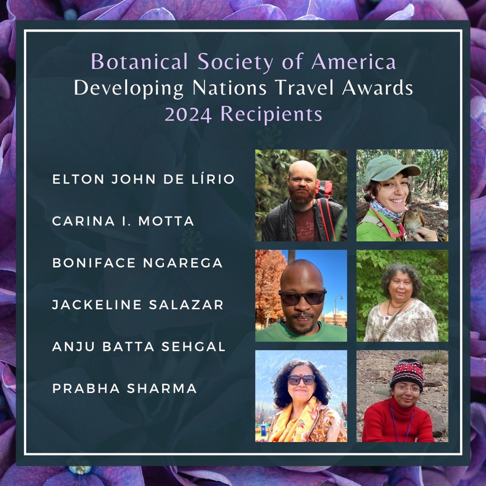 This image shows the 6 winners of the 2024 BSA Developing Nations Travel Awards, Elton John de Lirio, Carina I. Motta, Boniface Ngarega, Jackeline Salazar, Anjy Batta Sehgal, and Prabha Sharma.