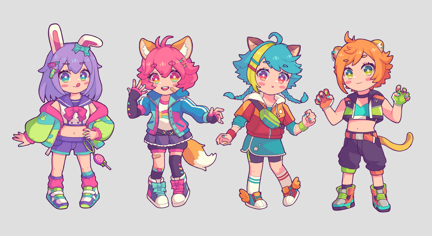 Image of my original characters. From left is Rena (purple haired bunny), Mahiru (pink haired fox), Koharu (blue haired deer) and Yuzuki (orange haired lion).