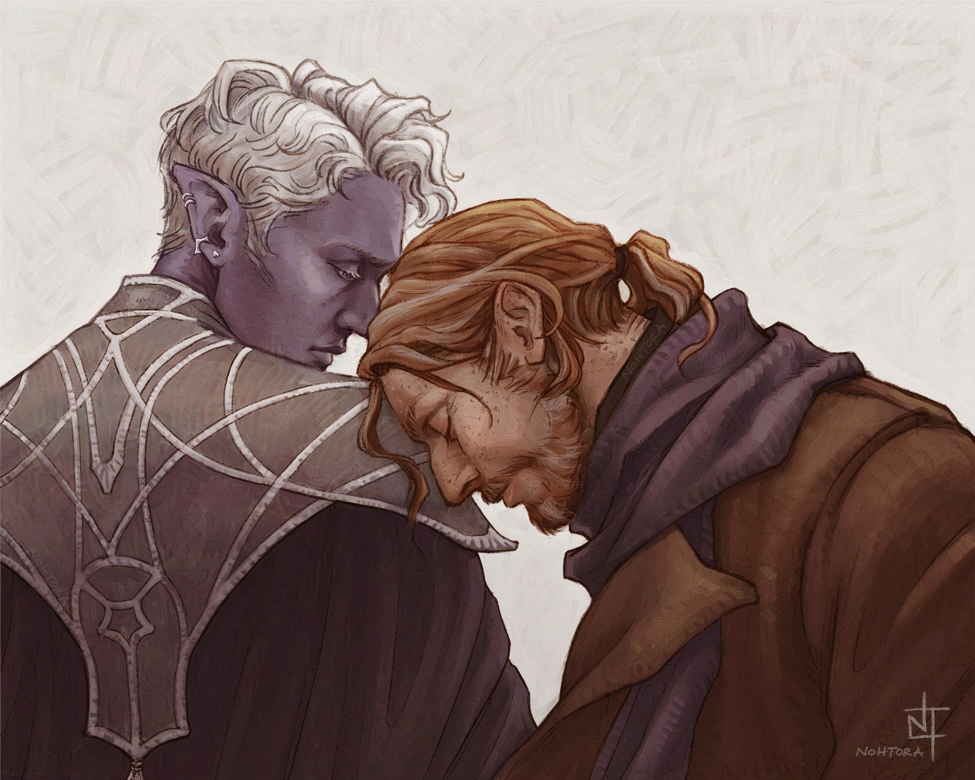 Digital illustration of a greying Caleb Widogast gently resting his head on the shoulder of Essek Thelyss, whose gaze is soft.