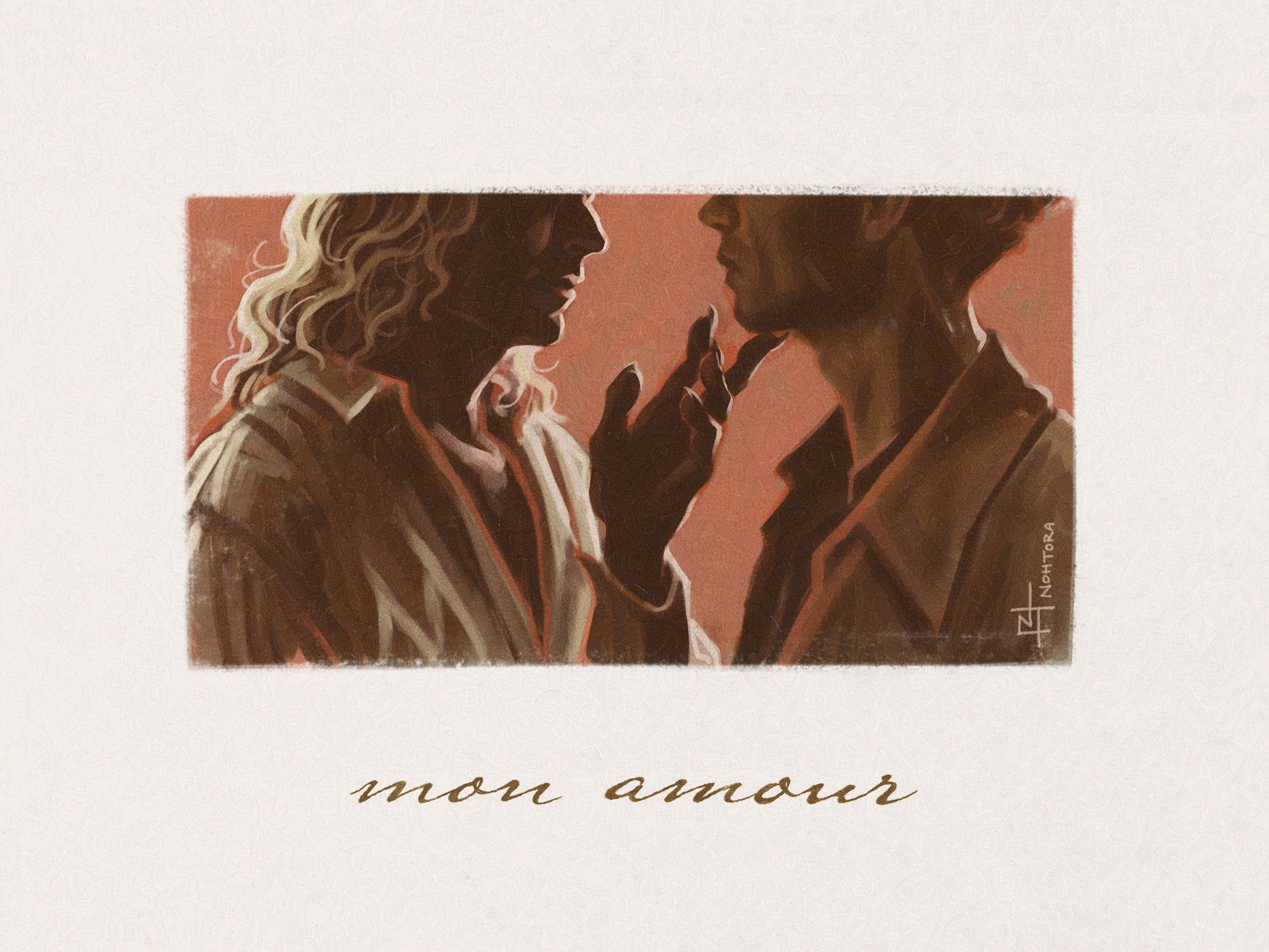 Digital painting of Lestat and Louis from AMC's Interview With The Vampire Season 2. It is a paint study of a promotional photo, depicting Lestat lightly & elegantly holding the underside of Louis' jaw. Handwritten script below reads 'mon amour'.