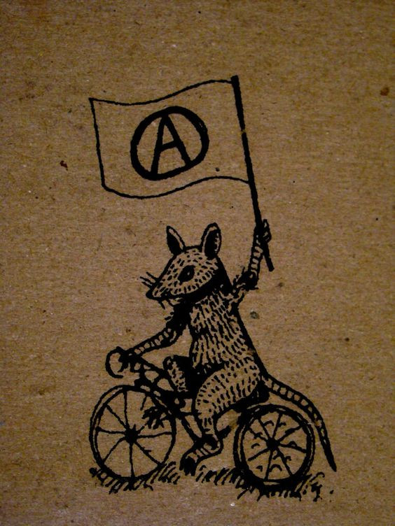 Illustration of a rat riding a bicycle and holding a flag with the circle A on it.