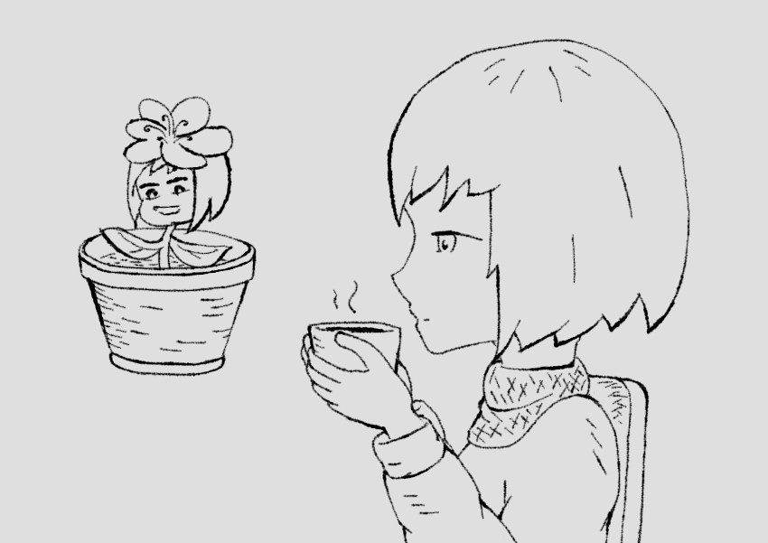 A sitting character in warm clothing holds a cup of warm drink. A flower with a chibi head peers smugly out of a flowerpot.