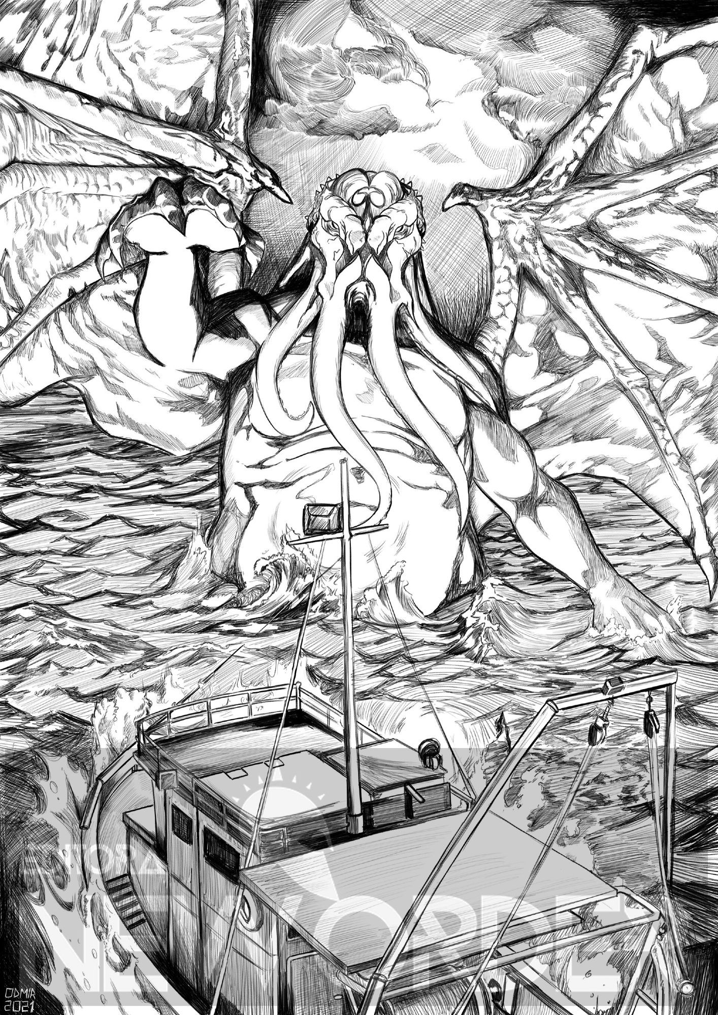 Arte de Ctulhu, um monstro colossal com cara de polvo e asas de dragão, presente nas obras de HP Lovecraft.