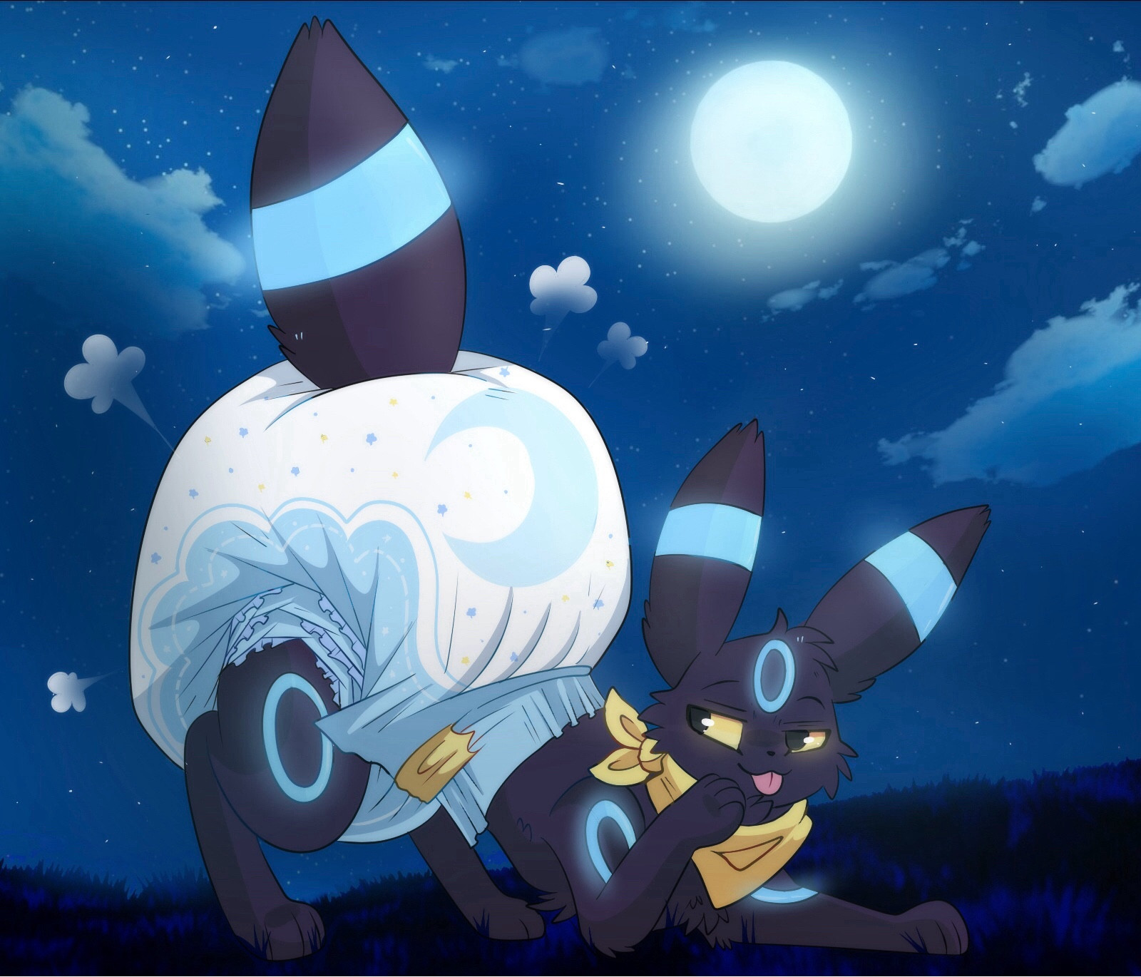 A shiny Umbreon with a yellow scarf, in multiple layers of diapers. Another full moon is in view~