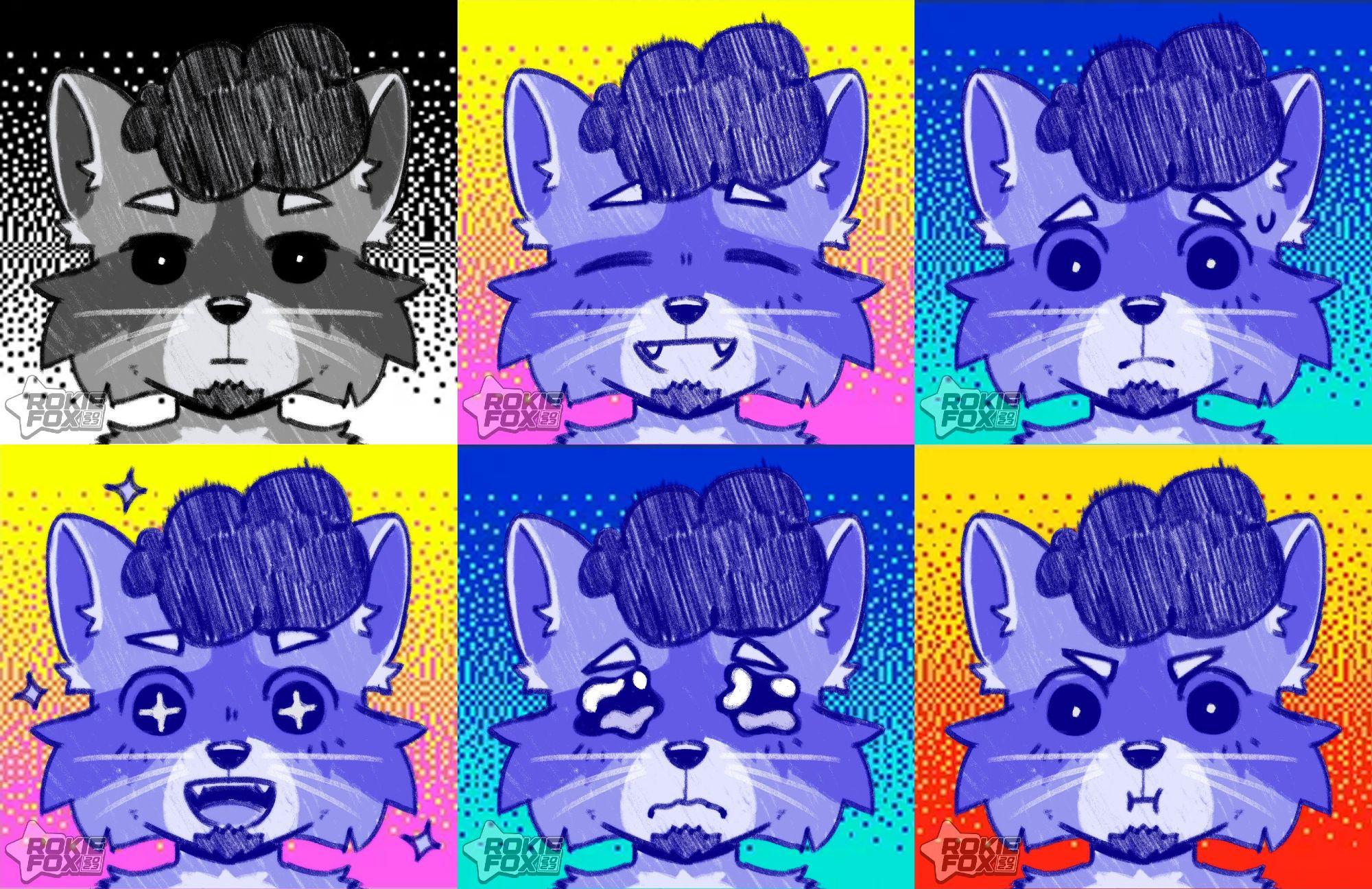 Vicho the raccoon displaying 6 colorful emotions, in the style of the videogame "Omori".