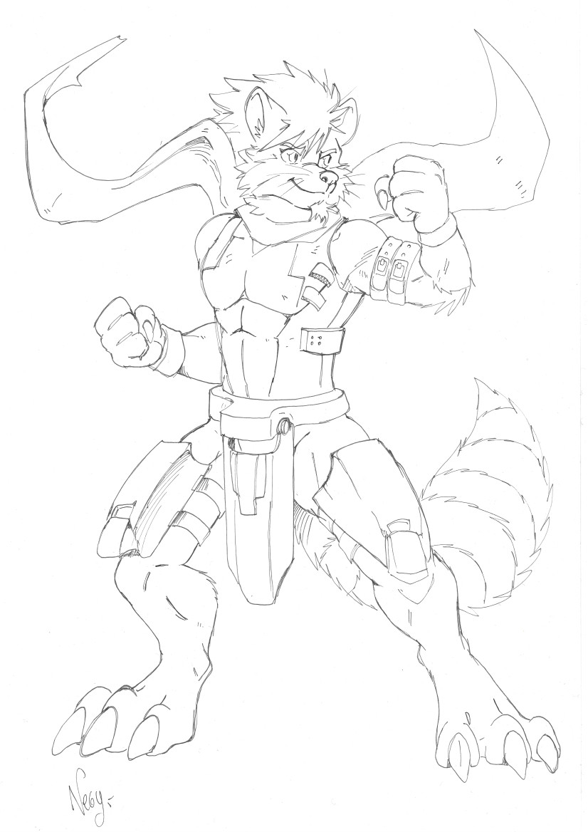 Anime styled anthro raccoon, doing a heroic pose.