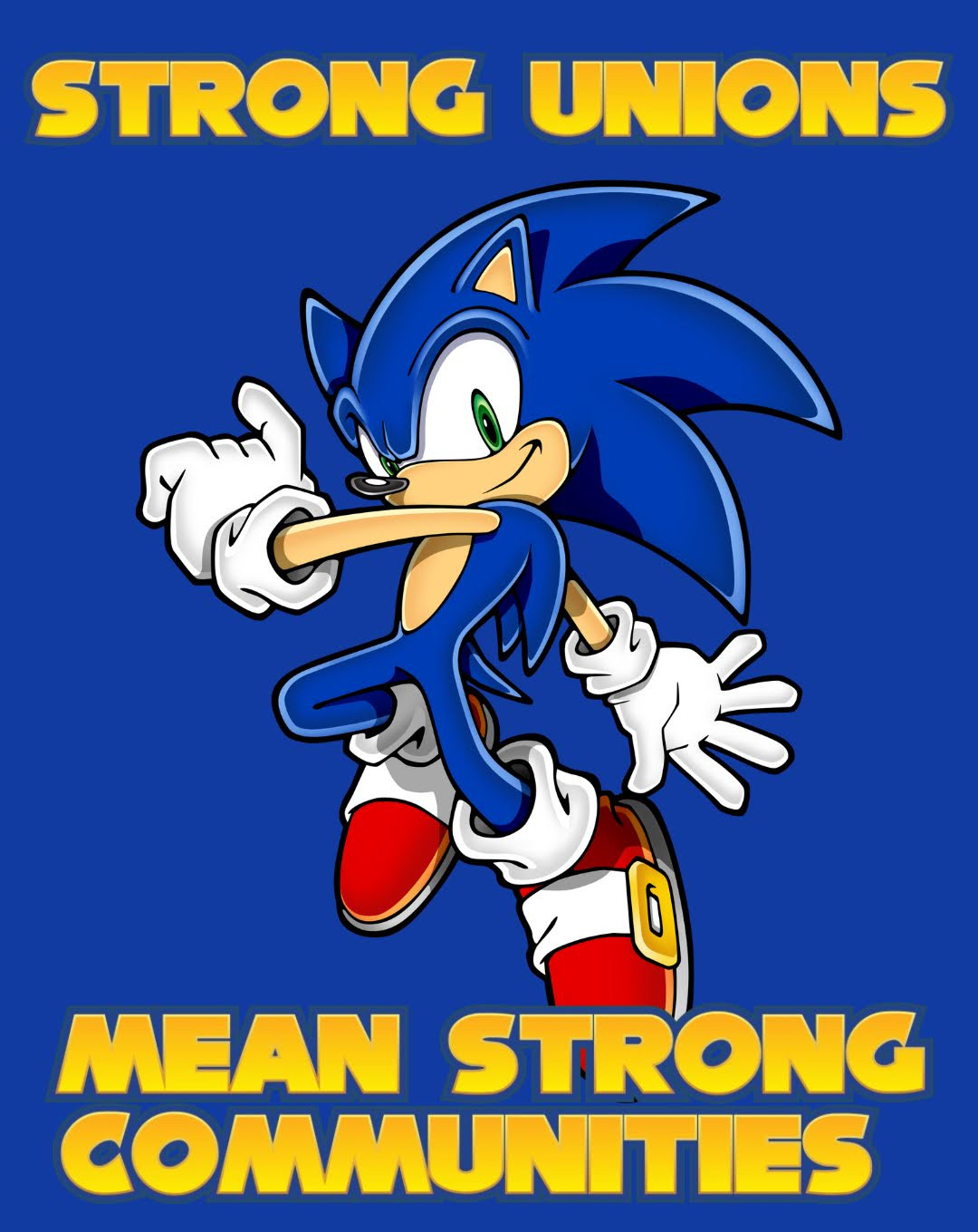 Sonic the hedgehog jumping on a blue background with yellow text saying "strong unions mean strong communities"