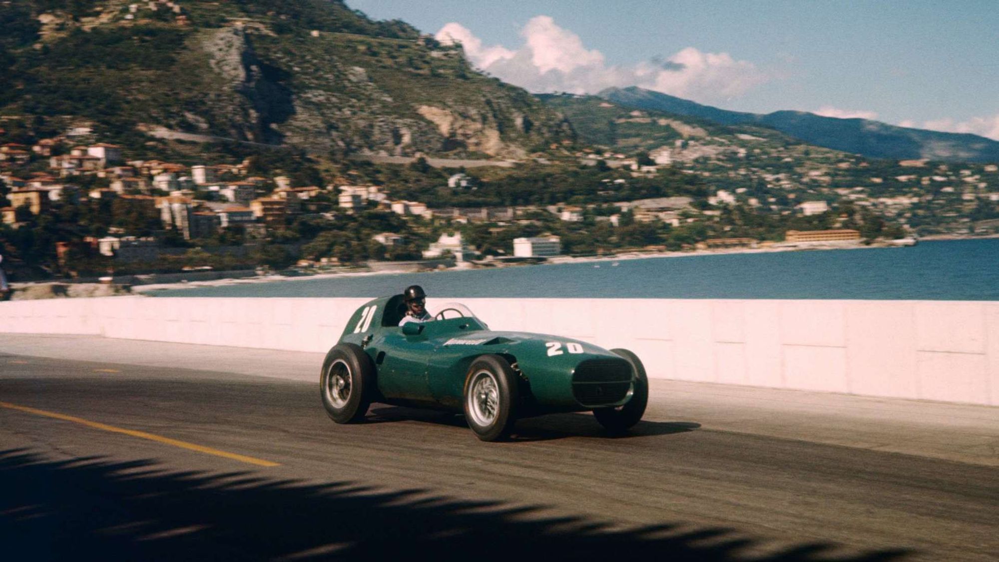 Photo of Tony Brooks driving a Vanwall around Monaco.