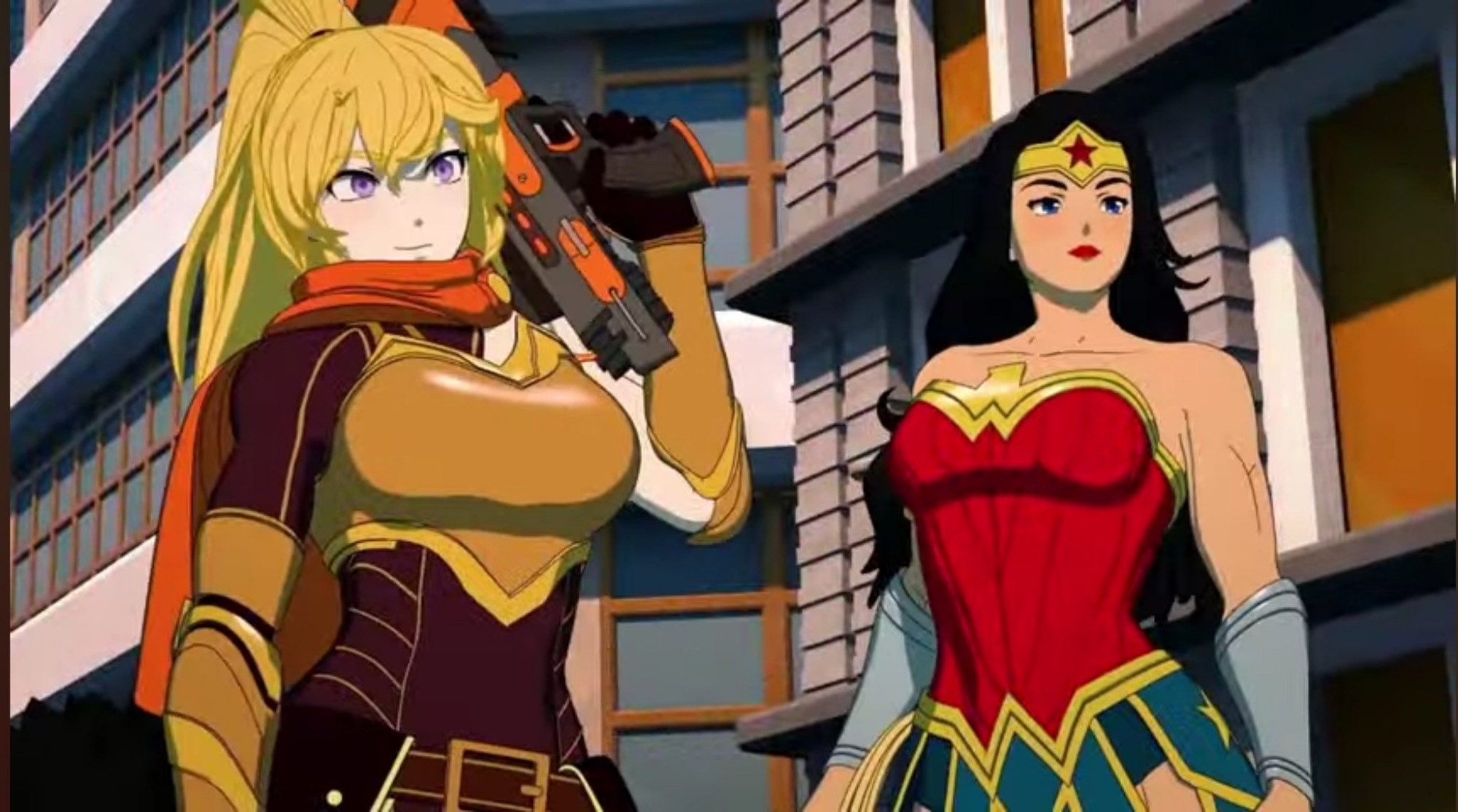 Yang Xiao Long from RWBY holding a blaster and standing next to Wonder Woman from the Justice League
They are standing in a city
Yang is dressed in gold, reddish brown and yellow, her skin is pale her hair is blonde and her eyes are purple 
Wonder Woman is dressed in red, gold and blue
Her skin is ever so slightly tan her hair is black and her eyes are blue and she is wearing red lipstick