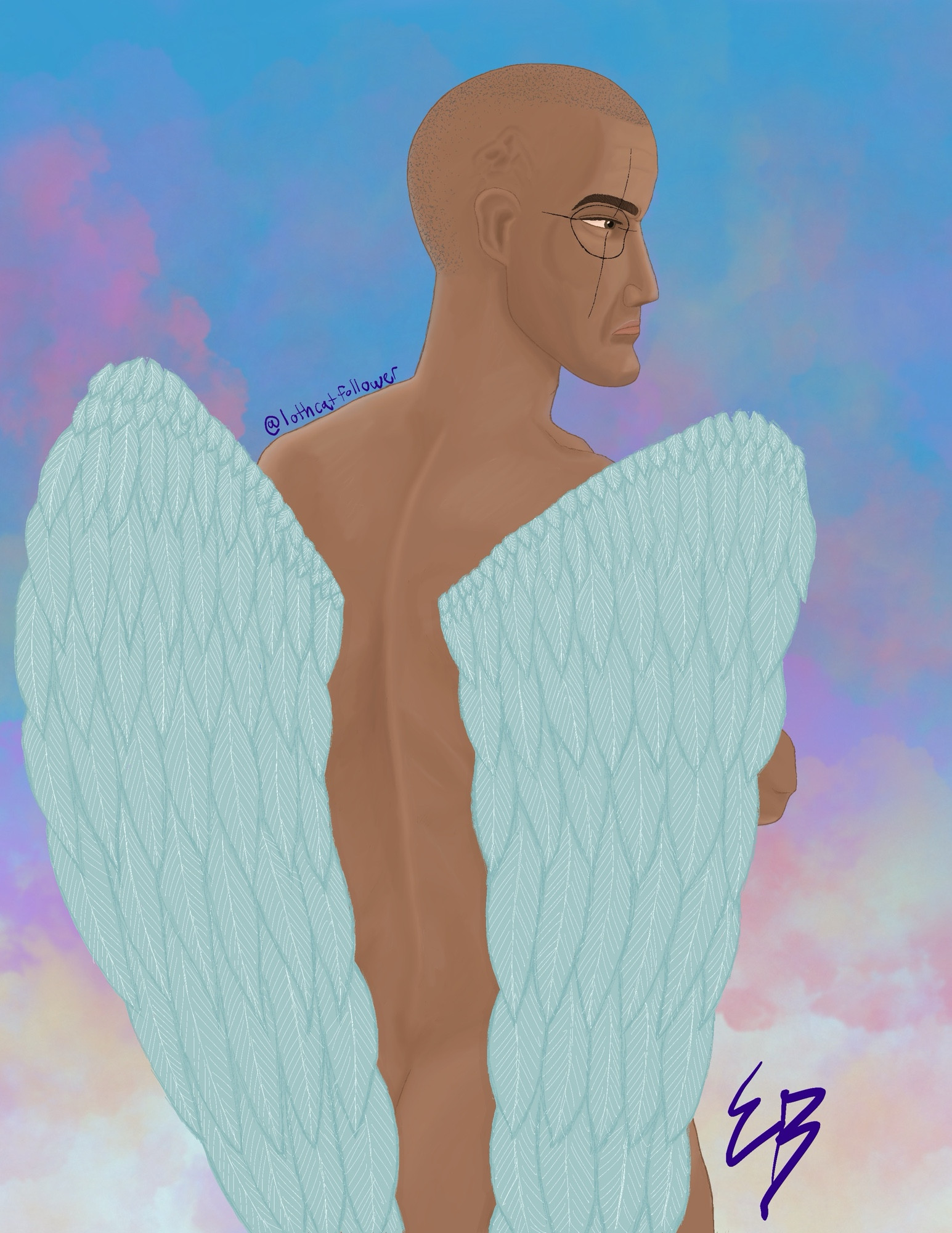 Illustration of Crosshair’s back with white angel wings that have light blue details. His head is turned so you can see the right side of his face with the crosshair tattoo around his eye. There are colorful clouds in the background.