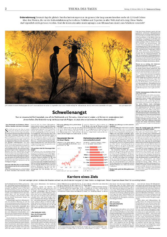 Ein Screenshot einer Zeitungsseite. Thema des Tages in der Süddeutschen Zeitung am 9. Februar. Die Artikel tragen die Titel "Schwellenangst" sowie "Karriere eines Ziels". Die Texte sind nicht lesbar, weil die Schrift wegen der geringen Auflösung verpixelt ist.