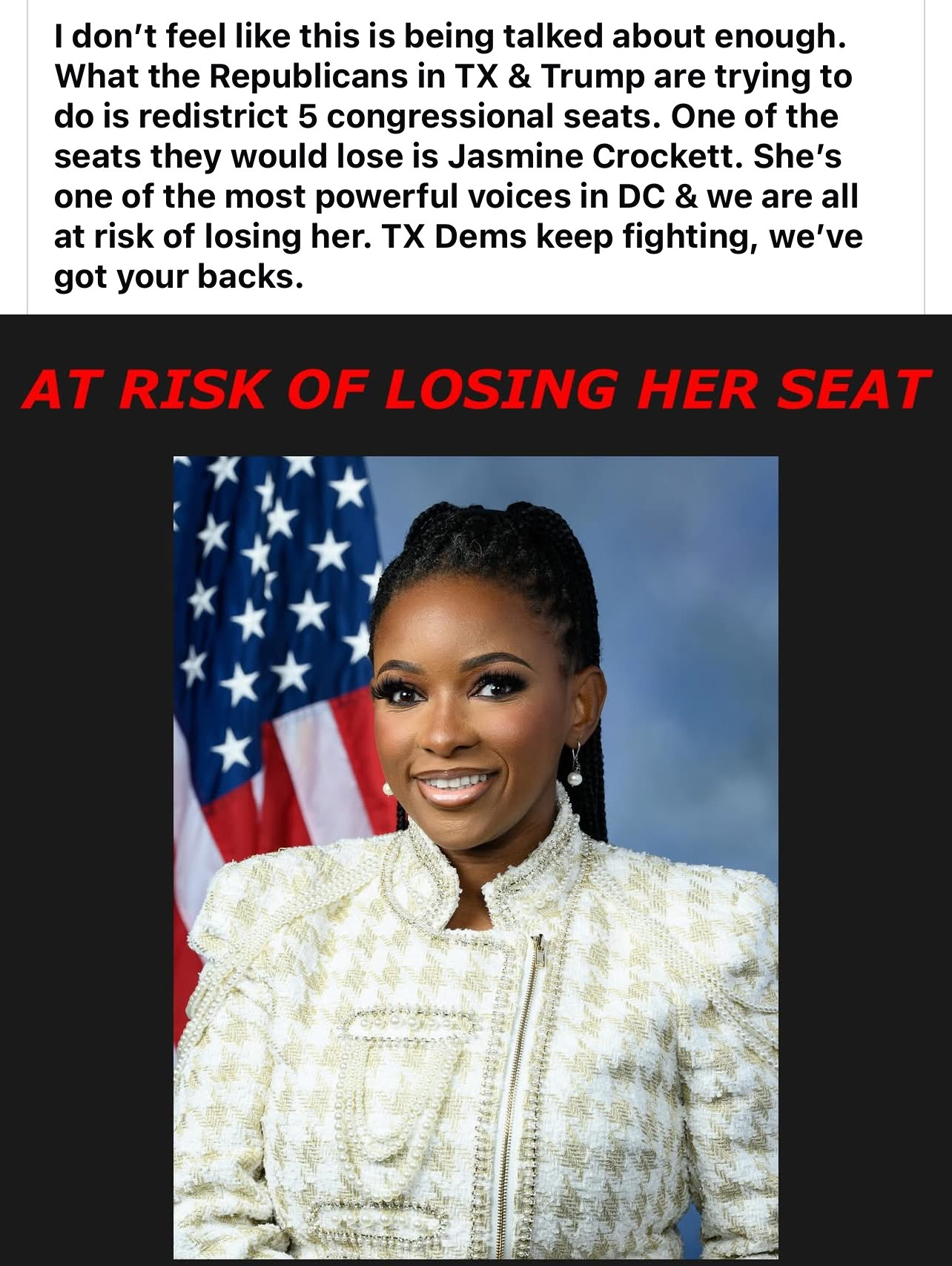 Jasmine Crockett will lose her seat if Texas gerrymandering happens 