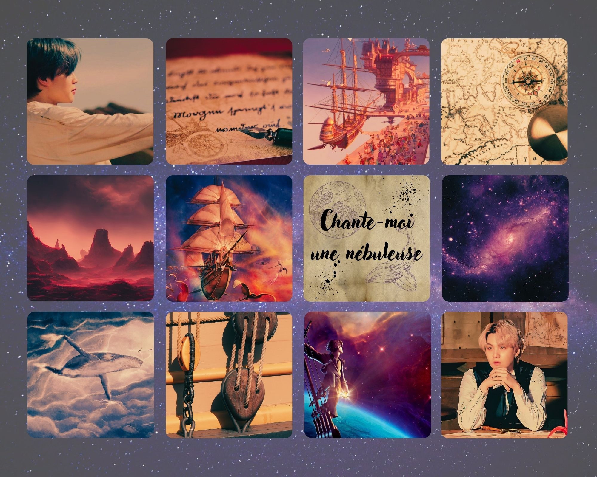 Moodboard: Jimin, Yoongi, une lettre manuscrite, 3 images issues de "La Planète au Trèsor" avec des bateaux qui volent dans l'espace, une carte avec une boussole, un paysage extraterrestre, une nébuleuse, une baleine stellaire, des cordages de navires Le tout est dans les tons de violet